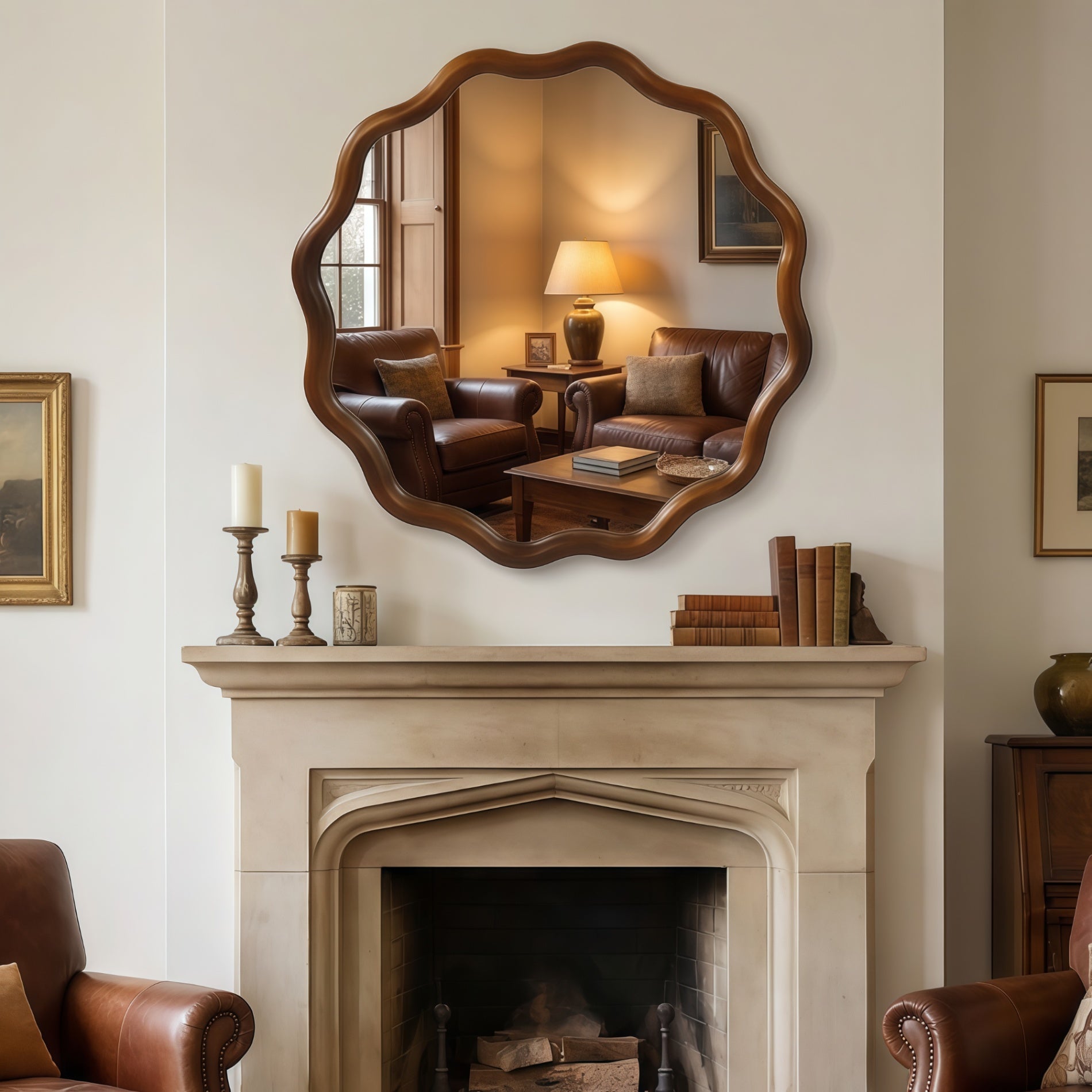 Wavy Round Solid Wood Frame Decorative Wall Mirror, 24" & 30", for Bedroom, Bathroom, Living Room & Entryway