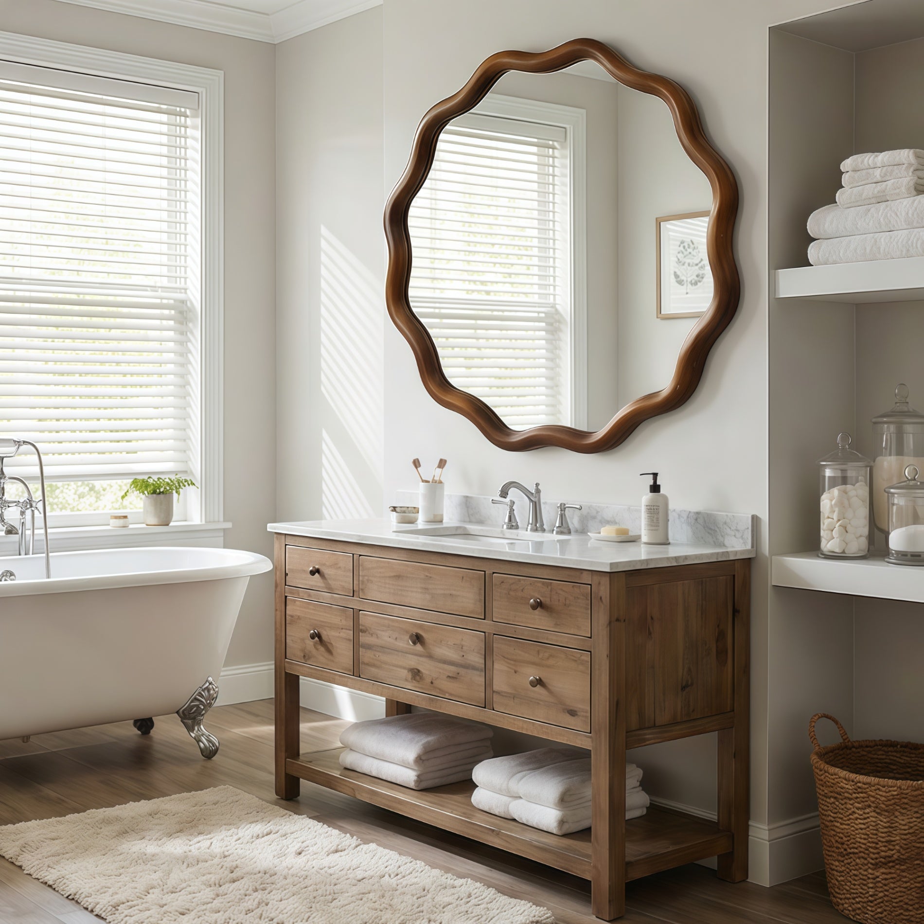 Wavy Round Solid Wood Frame Decorative Wall Mirror, 24" & 30", for Bedroom, Bathroom, Living Room & Entryway
