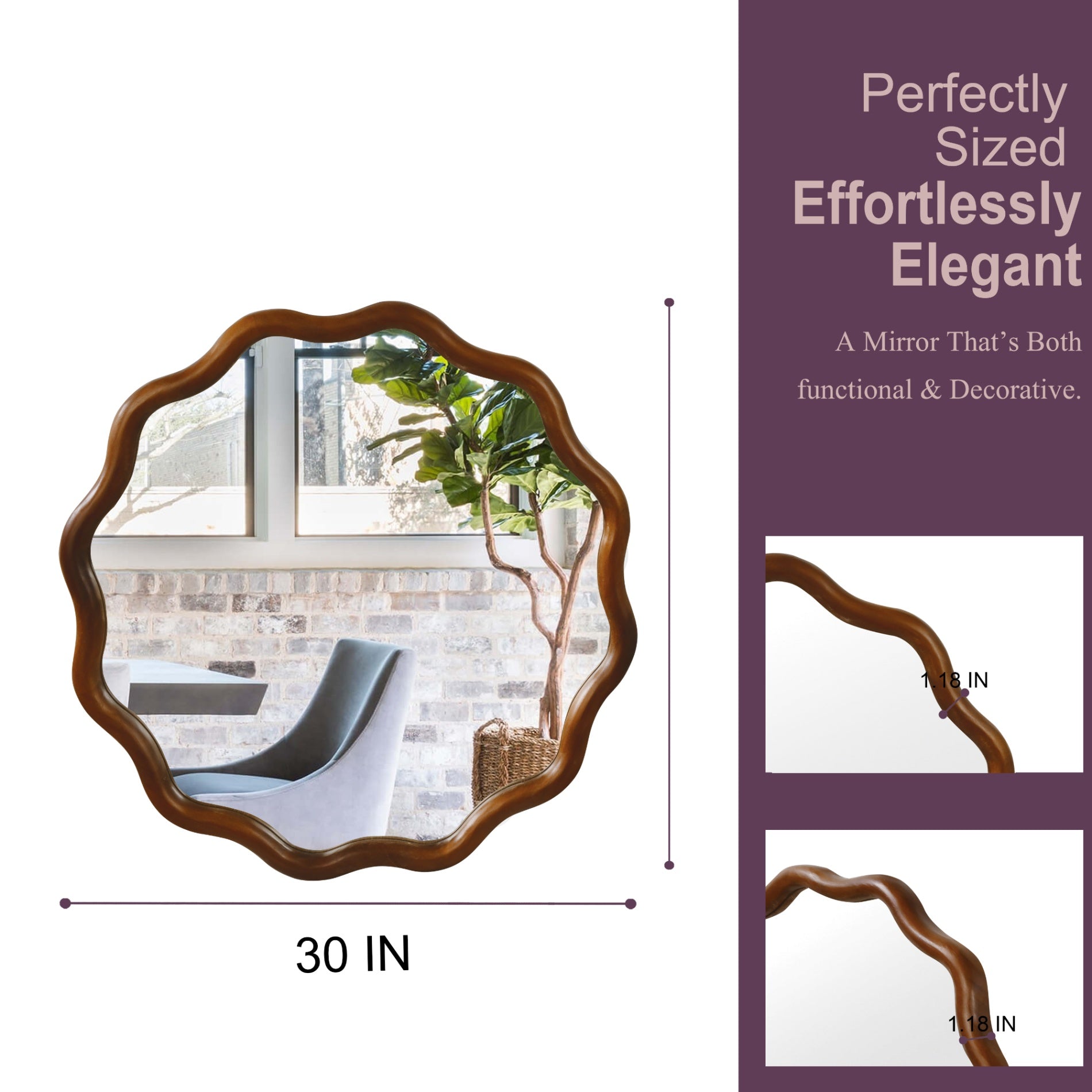 Wavy Round Solid Wood Frame Decorative Wall Mirror, 24" & 30", for Bedroom, Bathroom, Living Room & Entryway