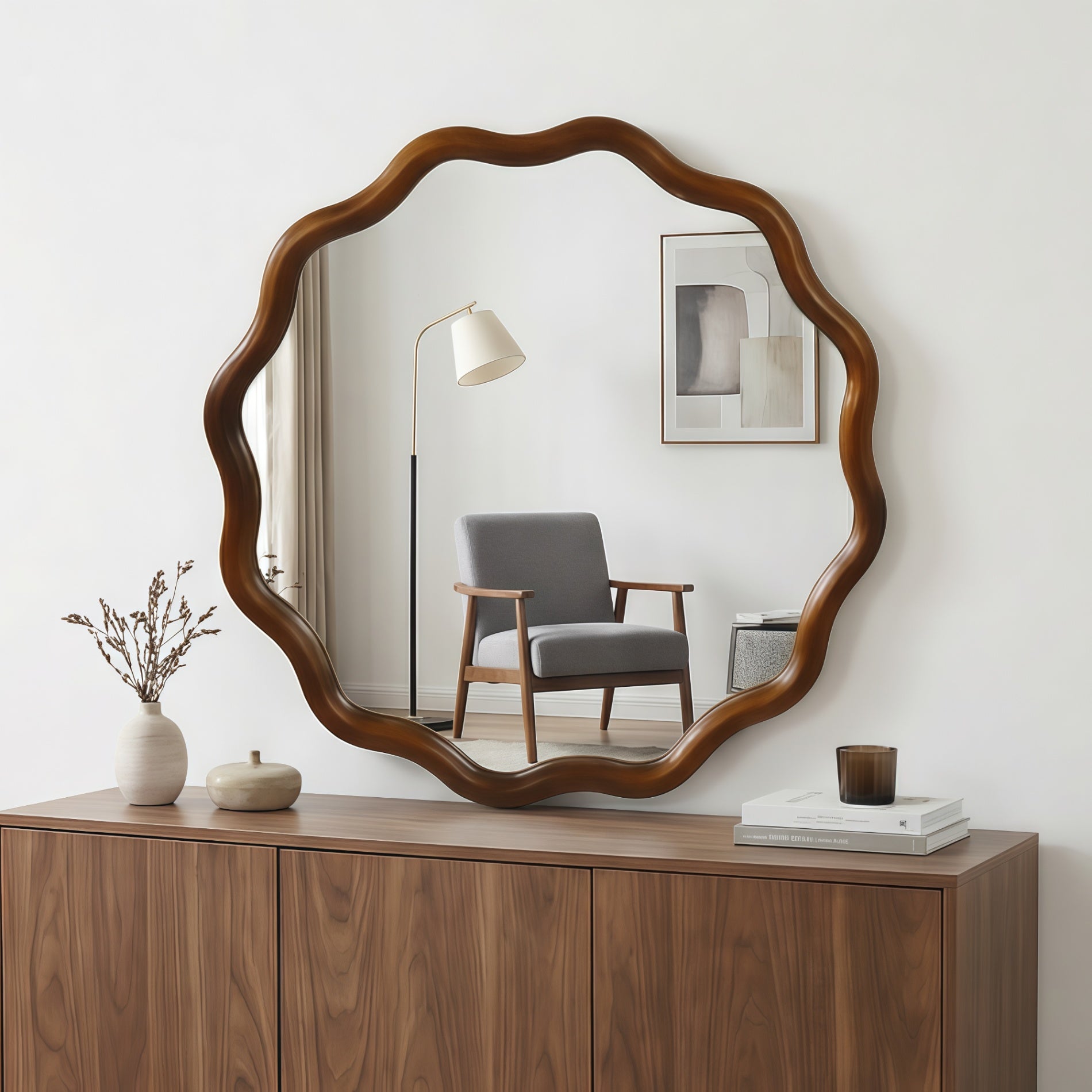 Wavy Round Solid Wood Frame Decorative Wall Mirror, 24" & 30", for Bedroom, Bathroom, Living Room & Entryway