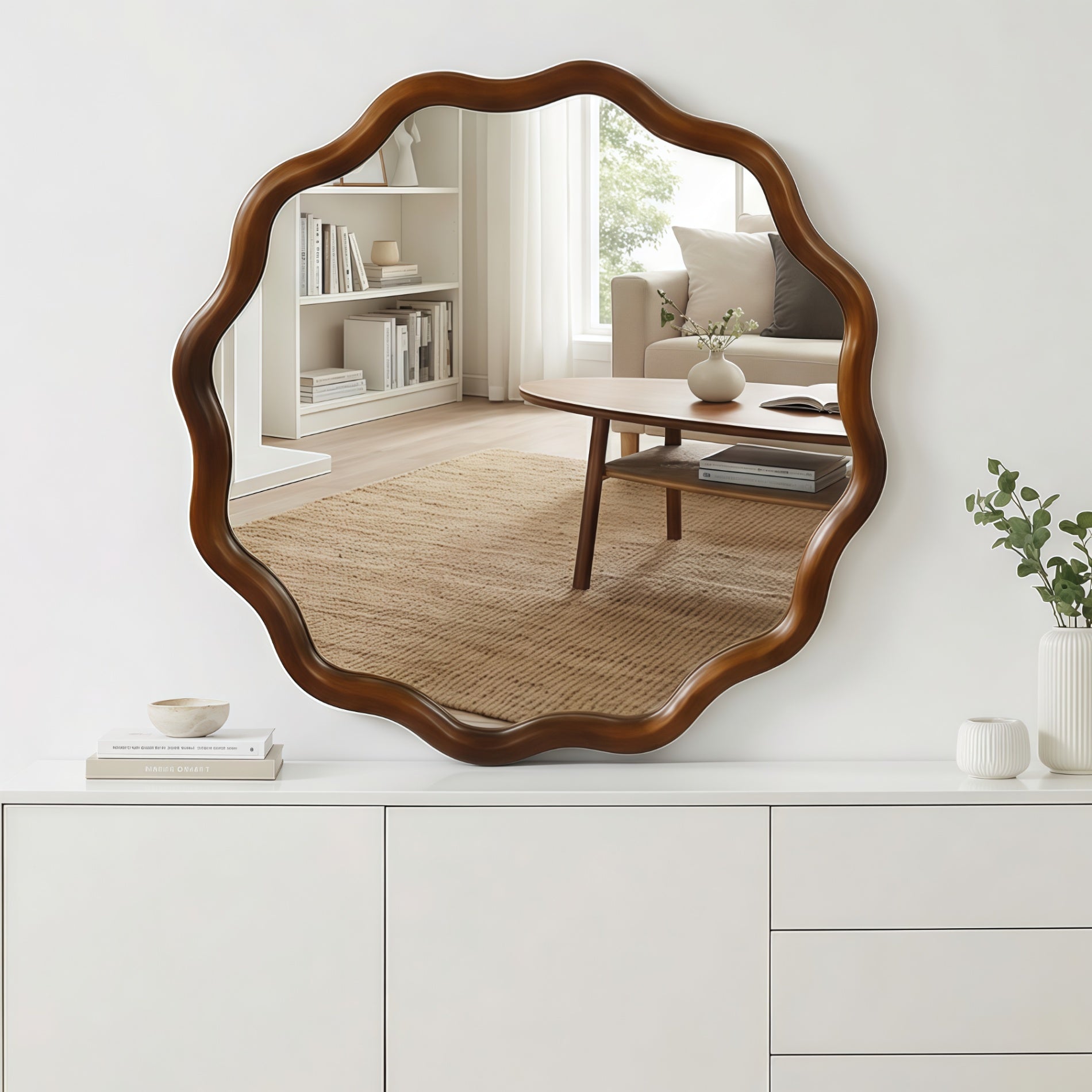 Wavy Round Solid Wood Frame Decorative Wall Mirror, 24" & 30", for Bedroom, Bathroom, Living Room & Entryway
