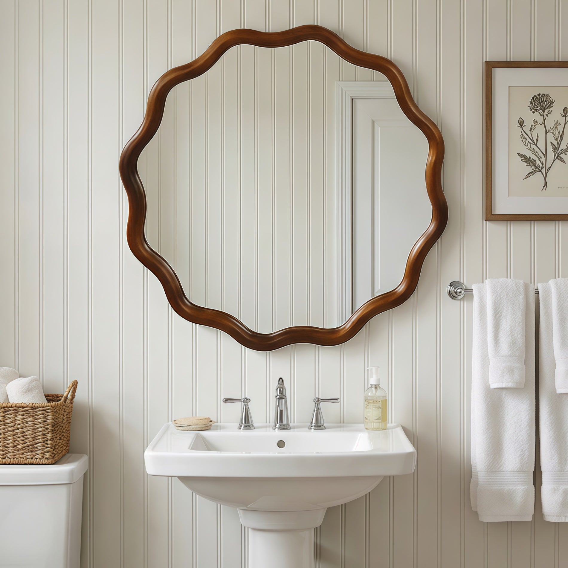Wavy Round Solid Wood Frame Decorative Wall Mirror, 24" & 30", for Bedroom, Bathroom, Living Room & Entryway