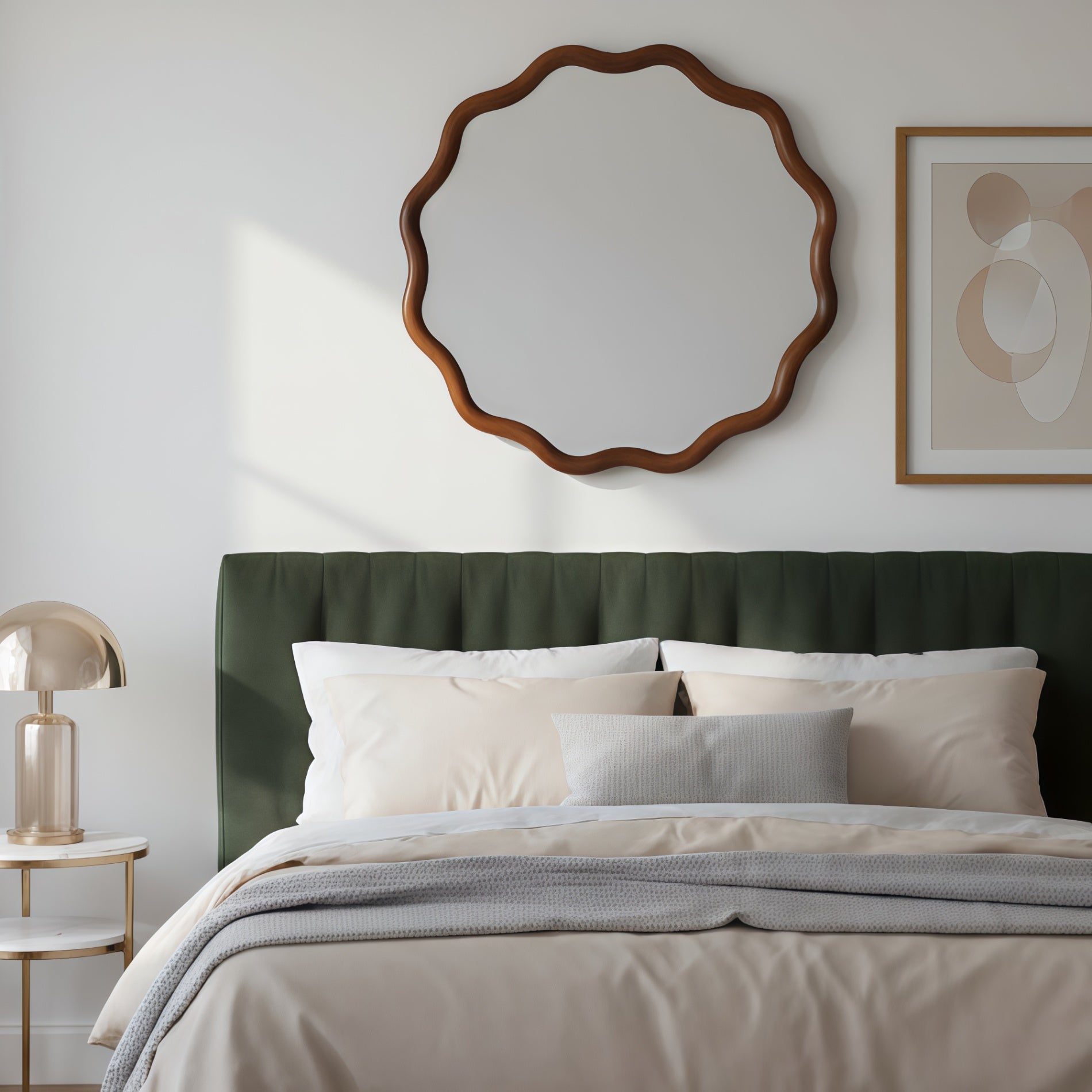 Wavy Round Solid Wood Frame Decorative Wall Mirror, 24" & 30", for Bedroom, Bathroom, Living Room & Entryway