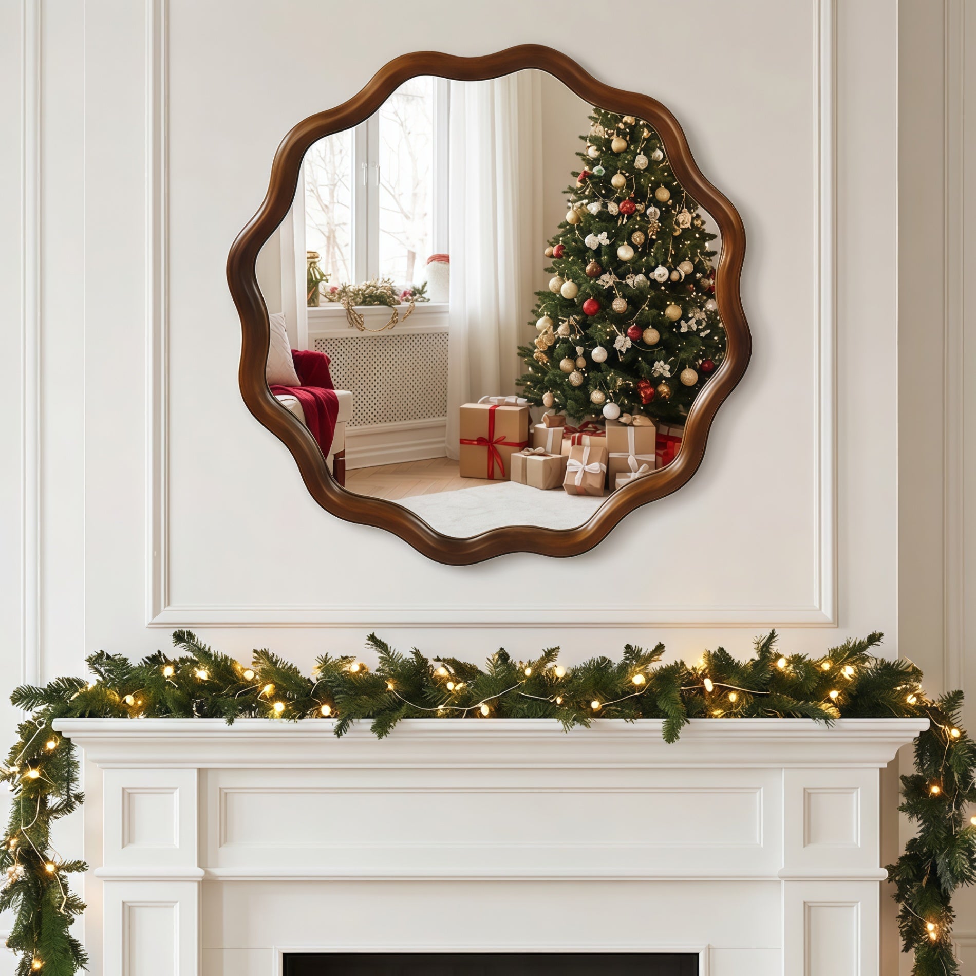 Wavy Round Solid Wood Frame Decorative Wall Mirror, 24" & 30", for Bedroom, Bathroom, Living Room & Entryway