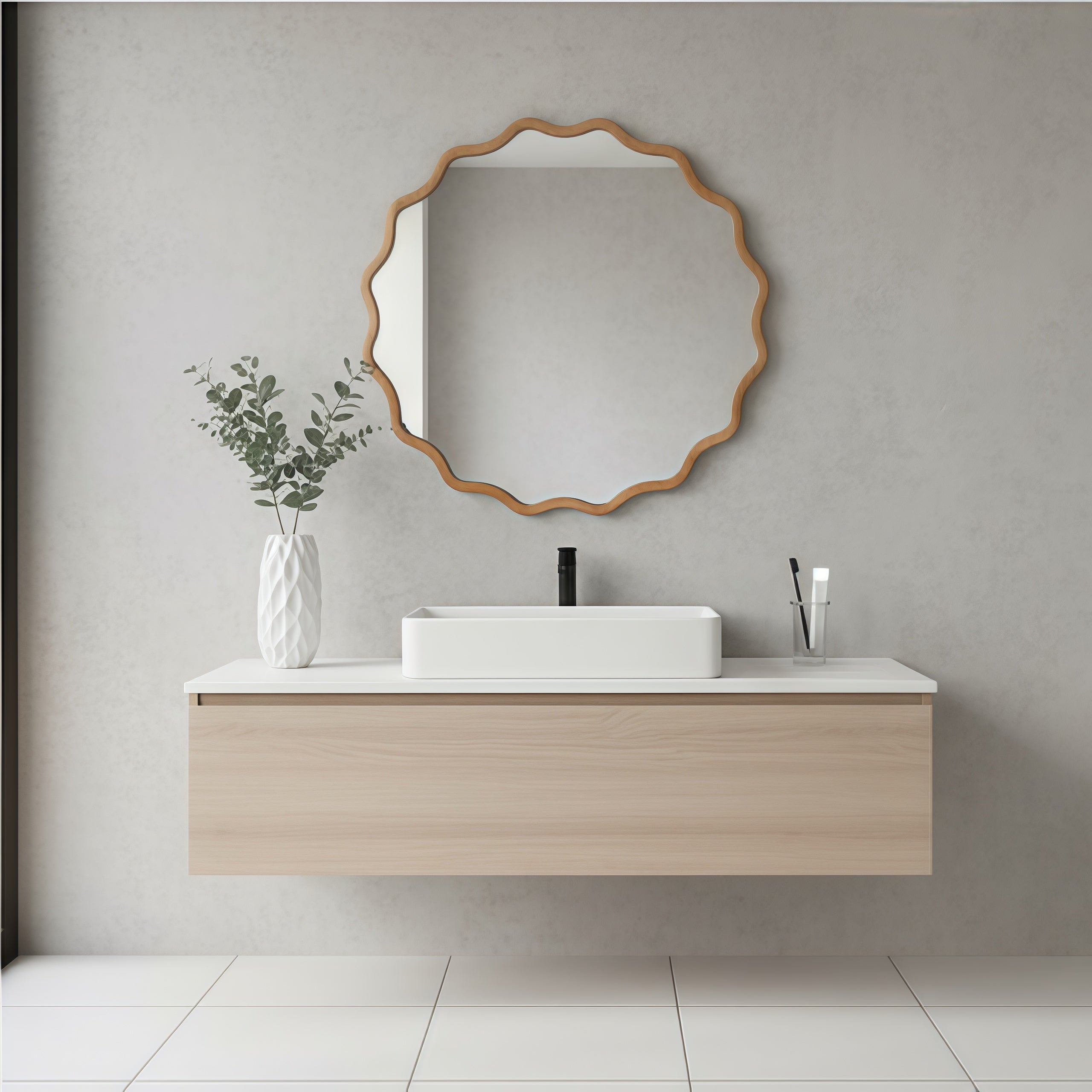 Wavy Round Solid Wood Frame Decorative Wall Mirror, 24" & 30", for Bedroom, Bathroom, Living Room & Entryway
