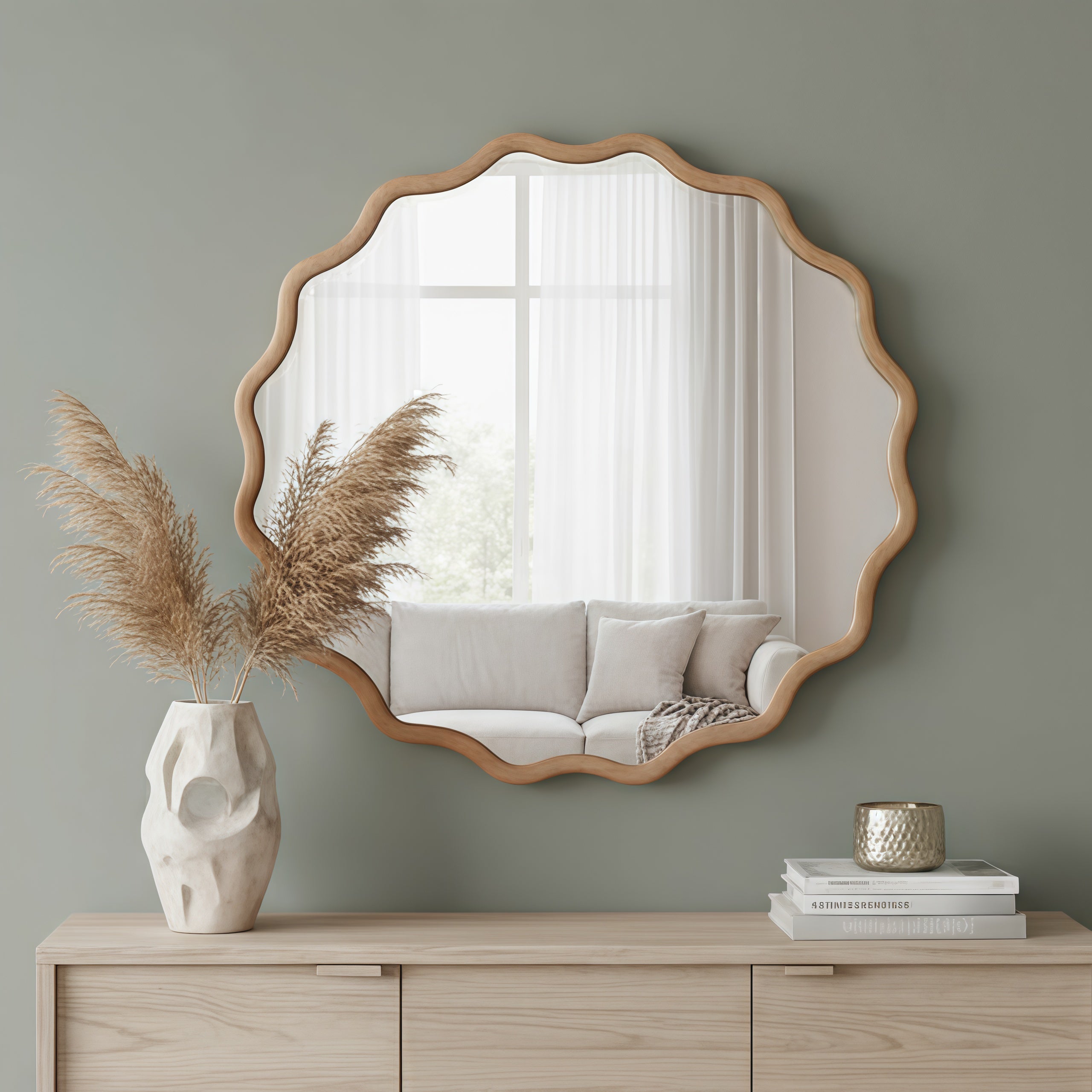 Wavy Round Solid Wood Frame Decorative Wall Mirror, 24" & 30", for Bedroom, Bathroom, Living Room & Entryway