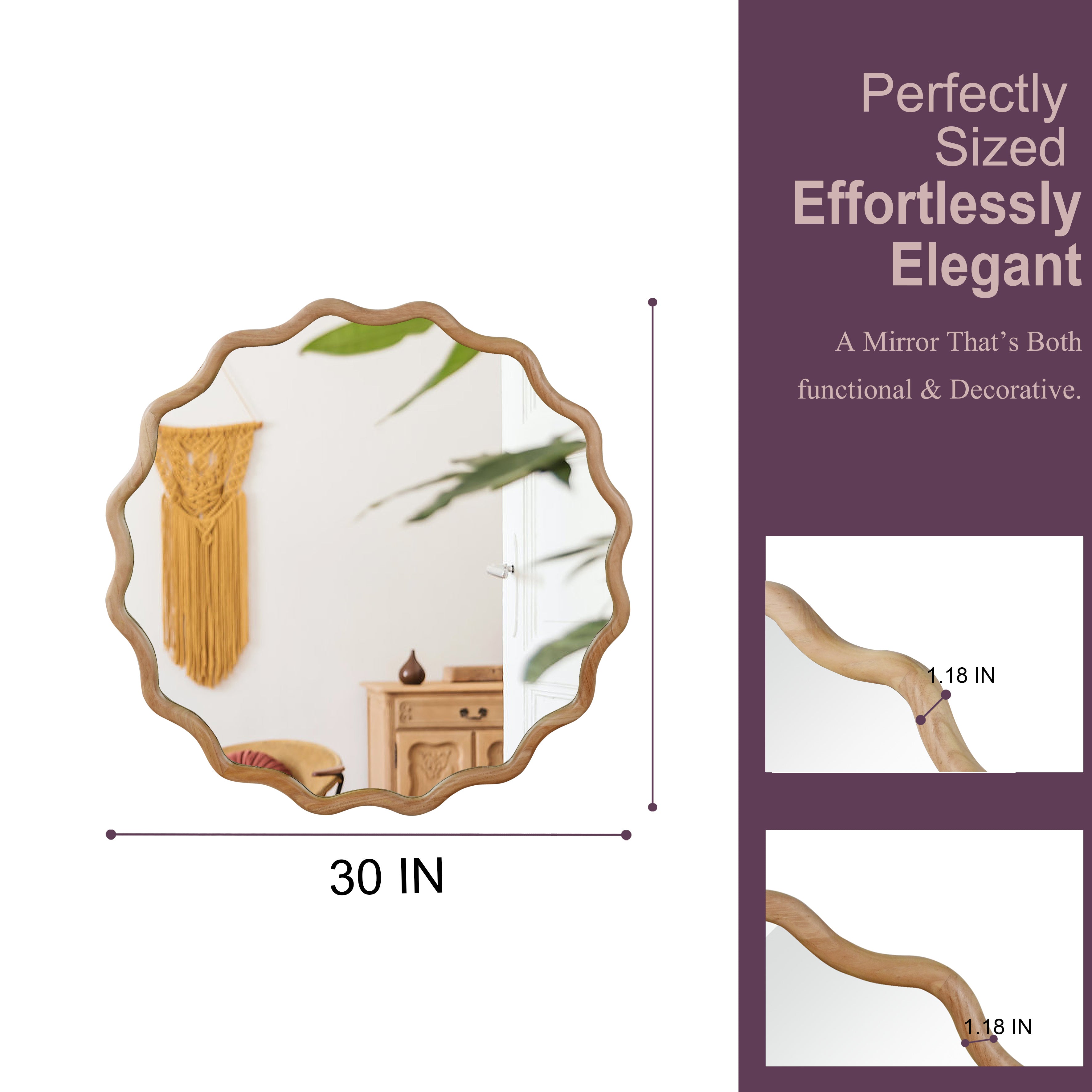 Wavy Round Solid Wood Frame Decorative Wall Mirror, 24" & 30", for Bedroom, Bathroom, Living Room & Entryway