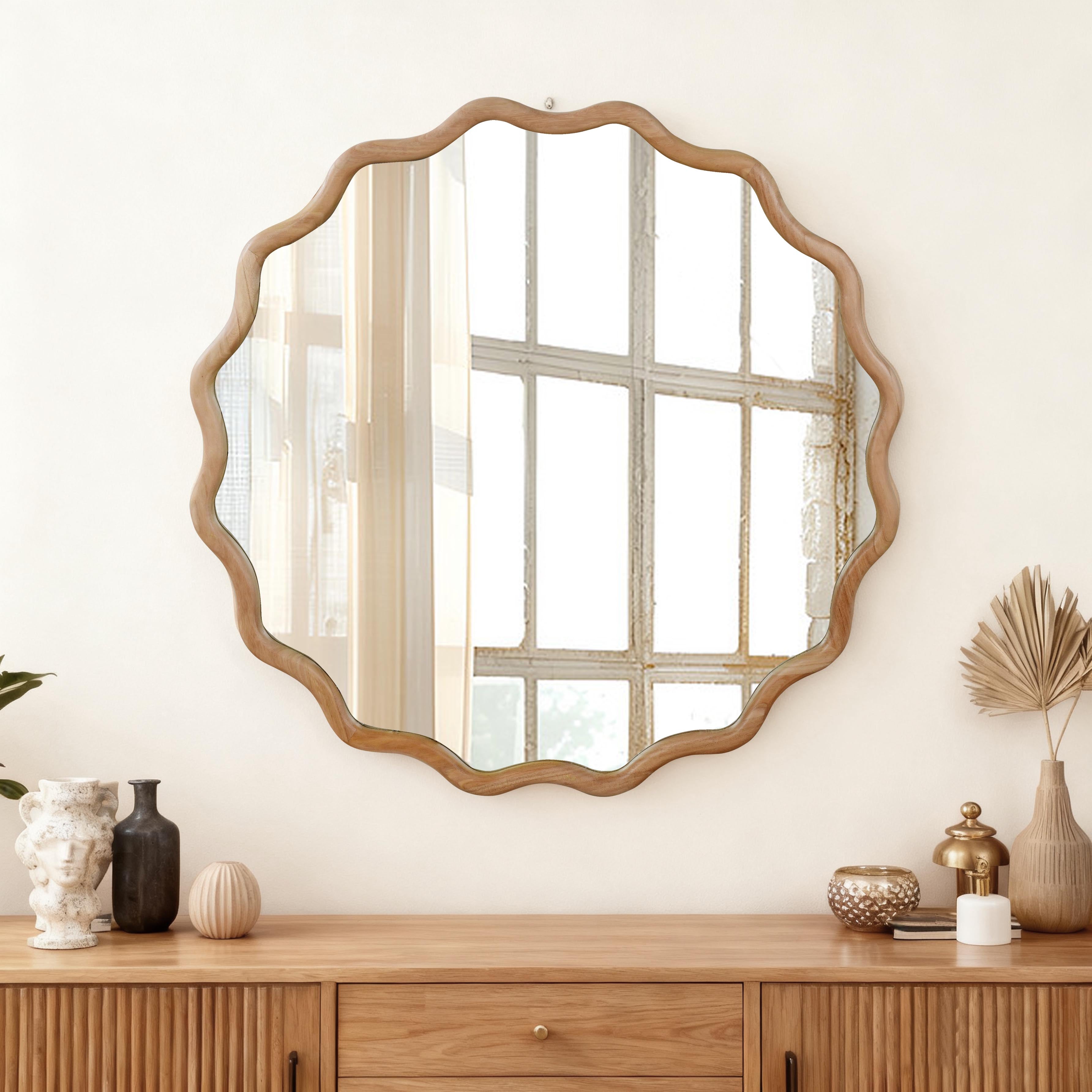 Wavy Round Solid Wood Frame Decorative Wall Mirror, 24" & 30", for Bedroom, Bathroom, Living Room & Entryway