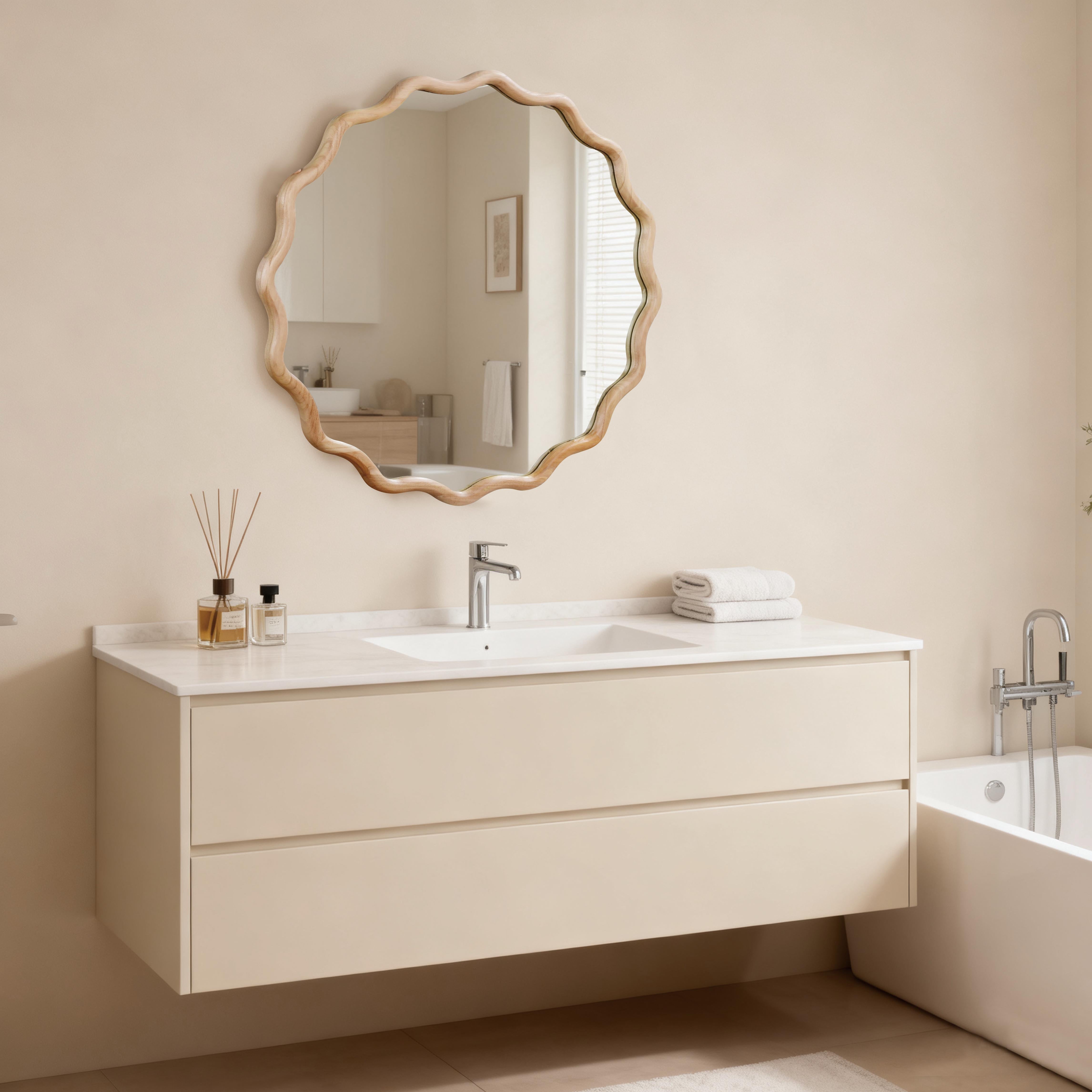 Wavy Round Solid Wood Frame Decorative Wall Mirror, 24" & 30", for Bedroom, Bathroom, Living Room & Entryway