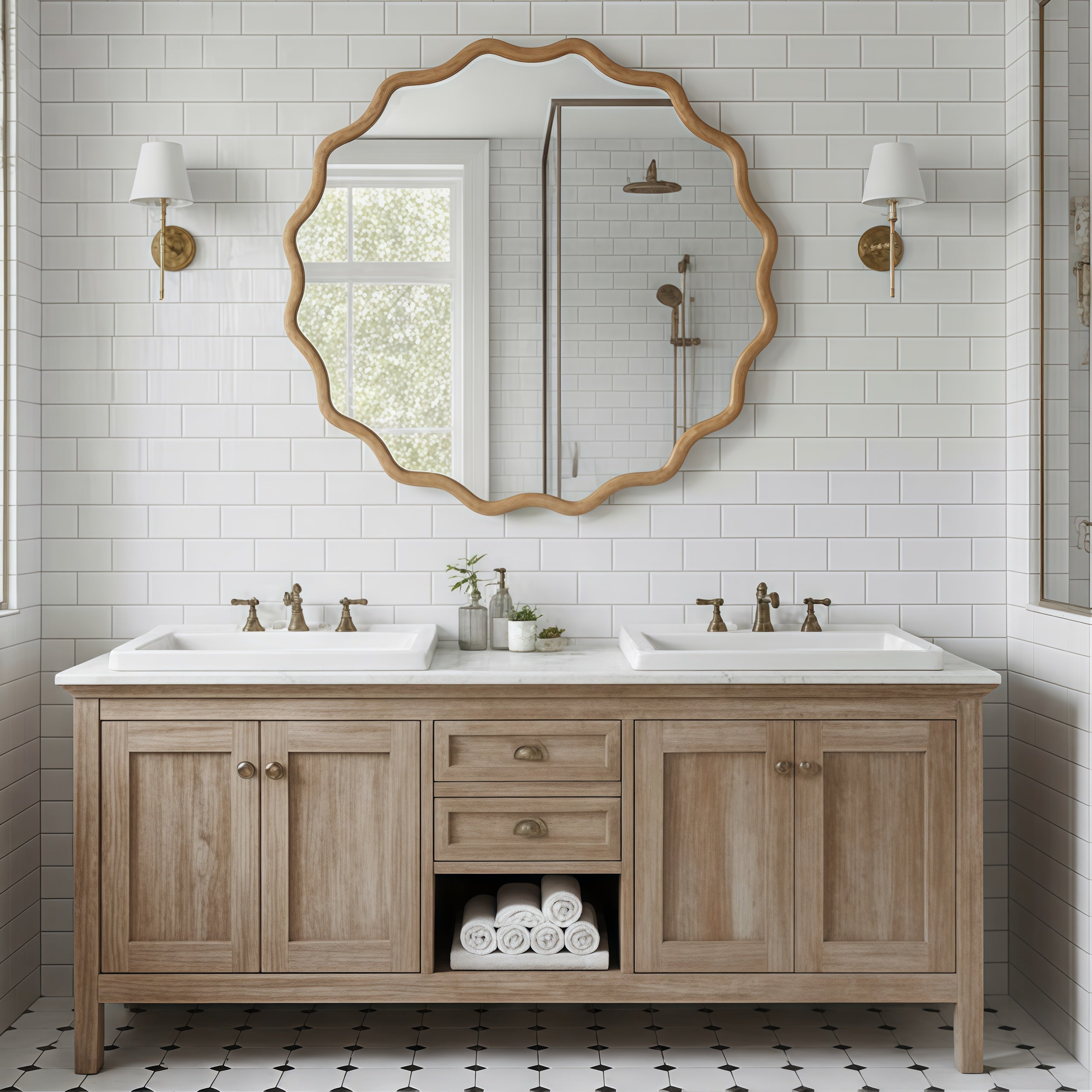 Wavy Round Solid Wood Frame Decorative Wall Mirror, 24" & 30", for Bedroom, Bathroom, Living Room & Entryway