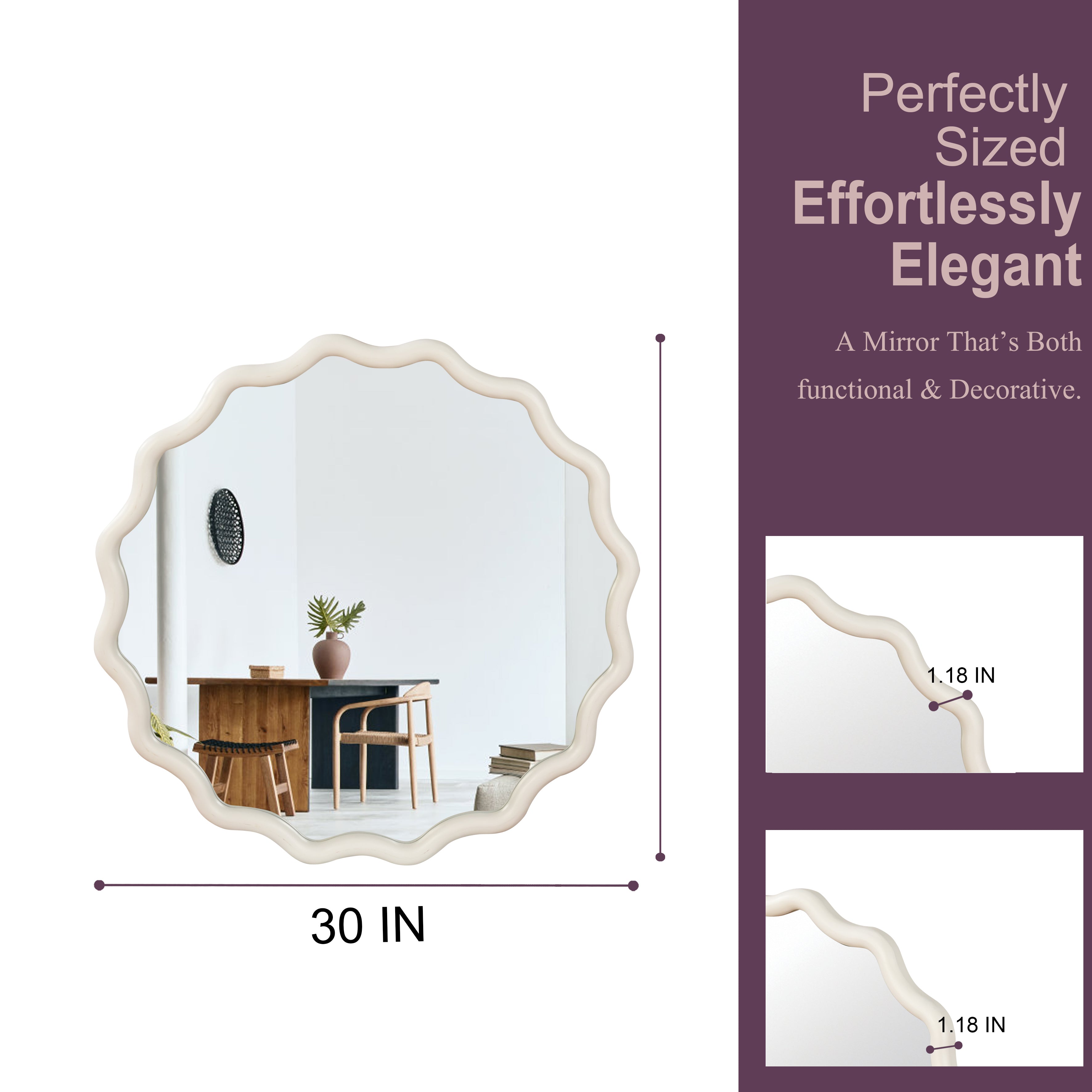 Wavy Round Solid Wood Frame Decorative Wall Mirror, 24" & 30", for Bedroom, Bathroom, Living Room & Entryway