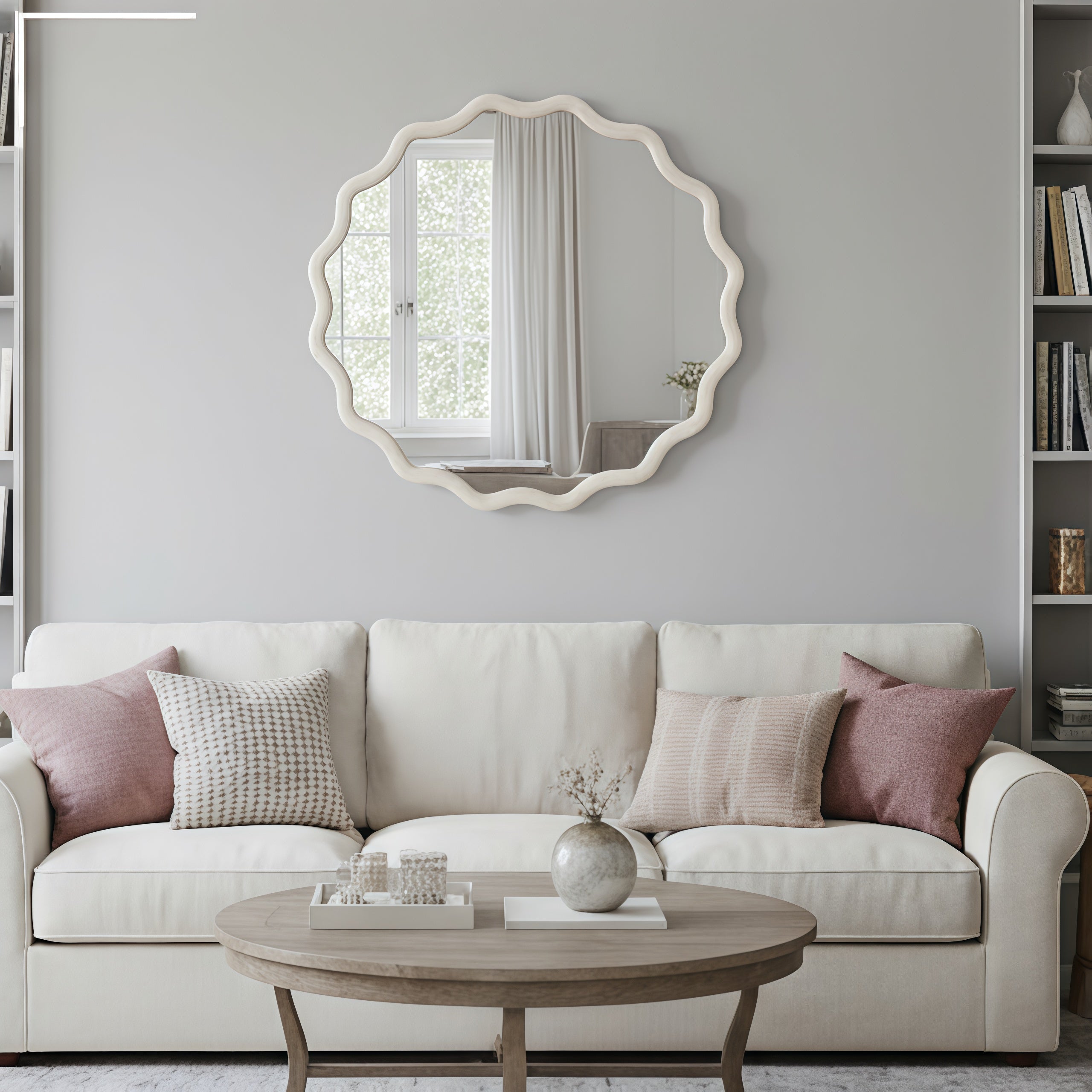 Wavy Round Solid Wood Frame Decorative Wall Mirror, 24" & 30", for Bedroom, Bathroom, Living Room & Entryway