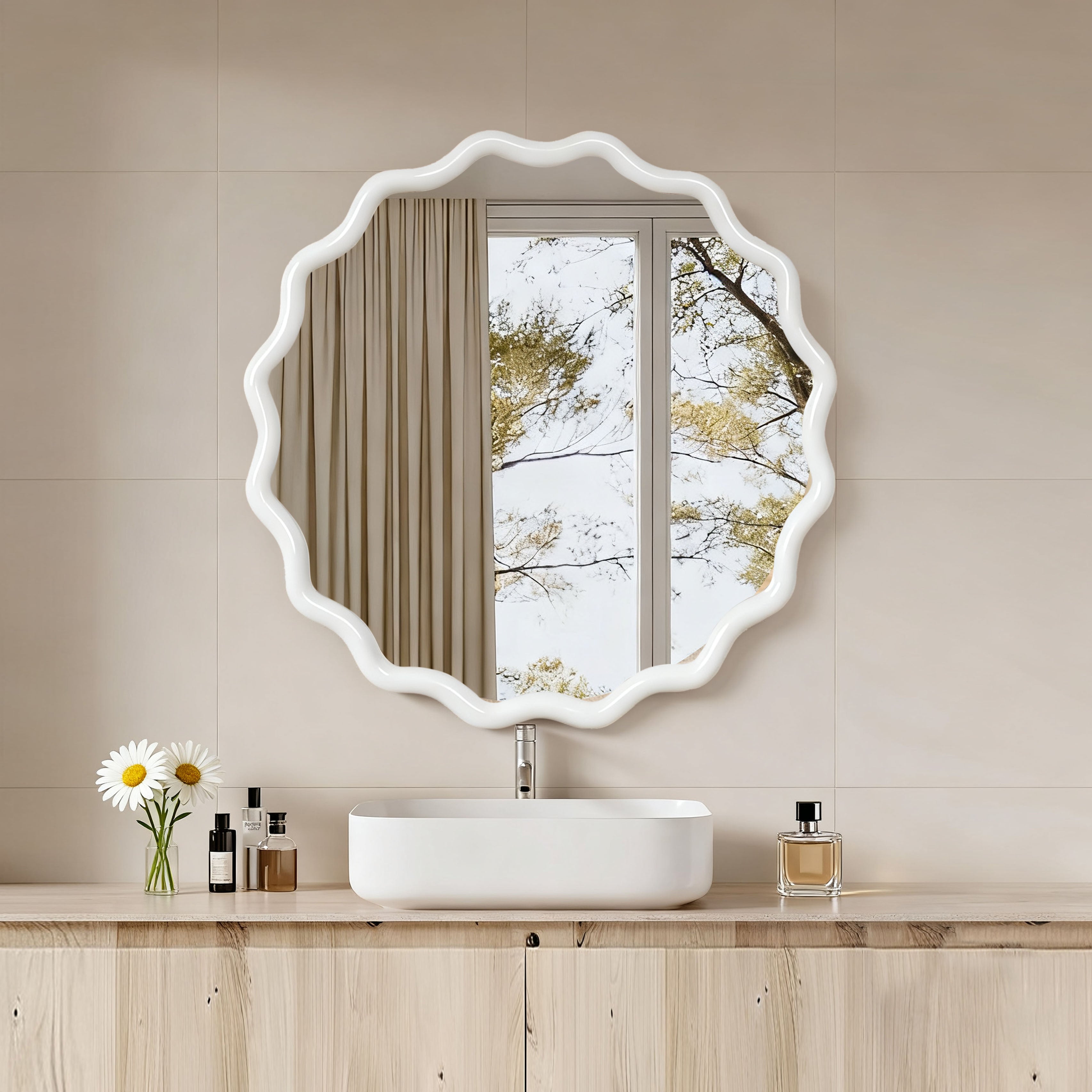 Wavy Round Solid Wood Frame Decorative Wall Mirror, 24" & 30", for Bedroom, Bathroom, Living Room & Entryway