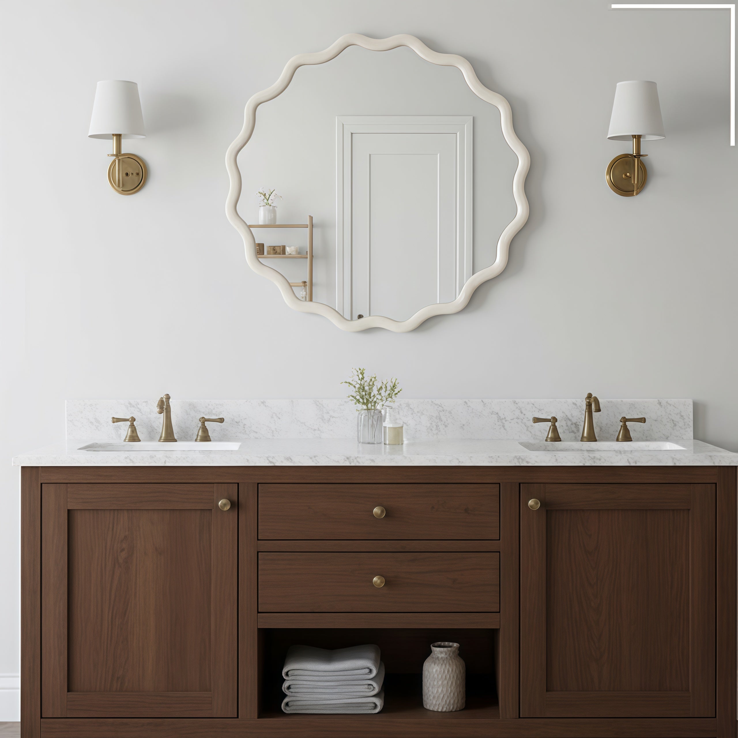 Wavy Round Solid Wood Frame Decorative Wall Mirror, 24" & 30", for Bedroom, Bathroom, Living Room & Entryway