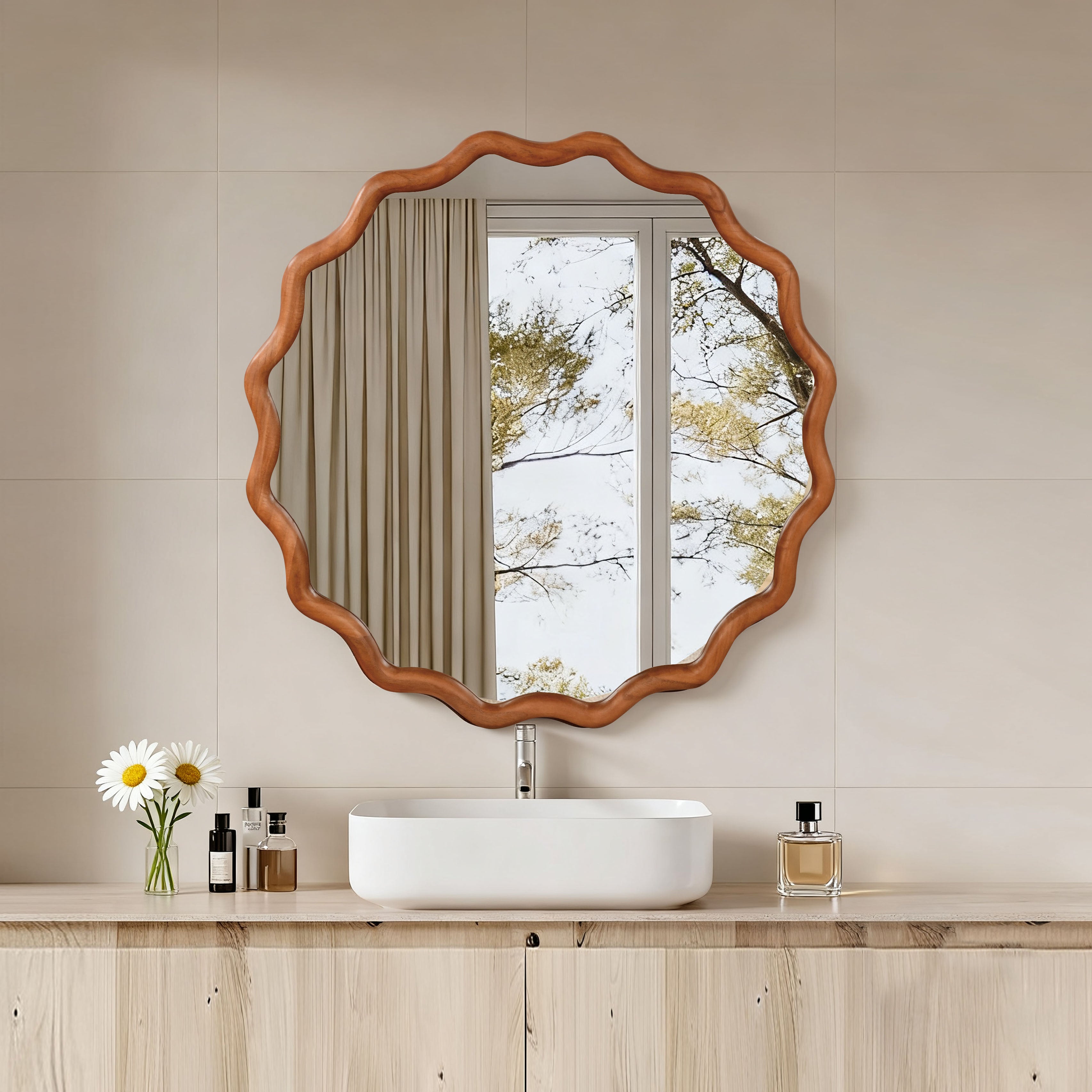 Wavy Round Solid Wood Frame Decorative Wall Mirror, 24" & 30", for Bedroom, Bathroom, Living Room & Entryway