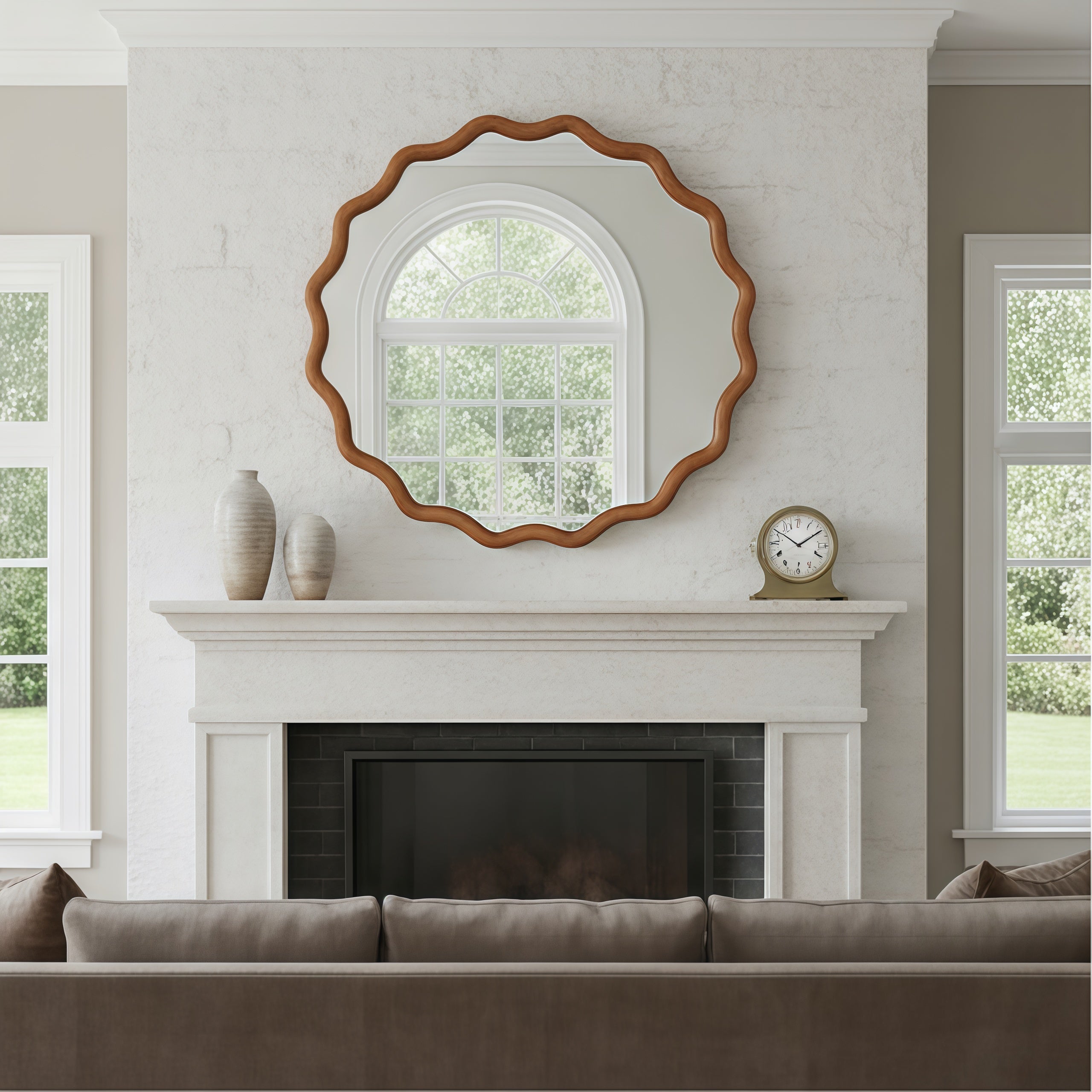 Wavy Round Solid Wood Frame Decorative Wall Mirror, 24" & 30", for Bedroom, Bathroom, Living Room & Entryway
