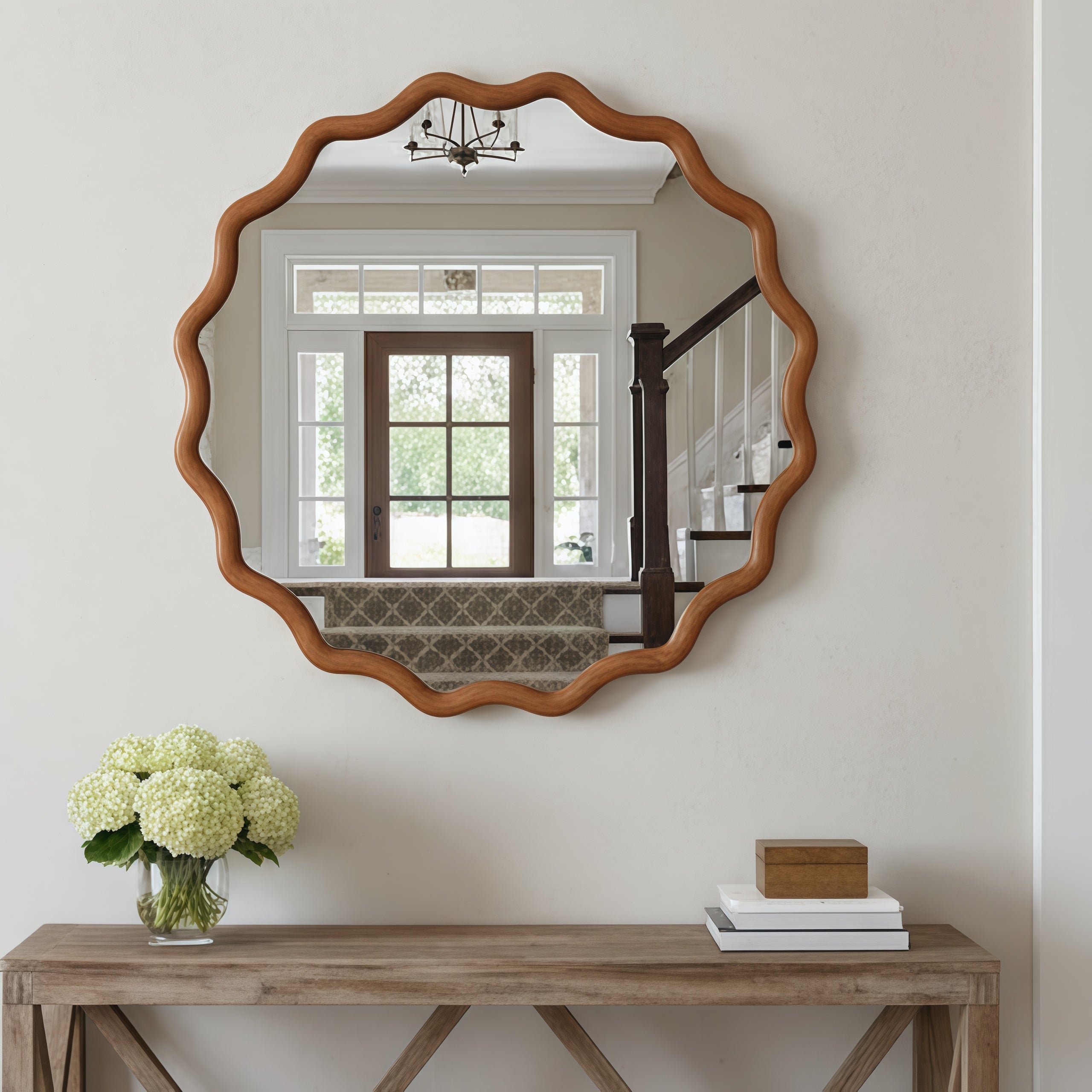Wavy Round Solid Wood Frame Decorative Wall Mirror, 24" & 30", for Bedroom, Bathroom, Living Room & Entryway