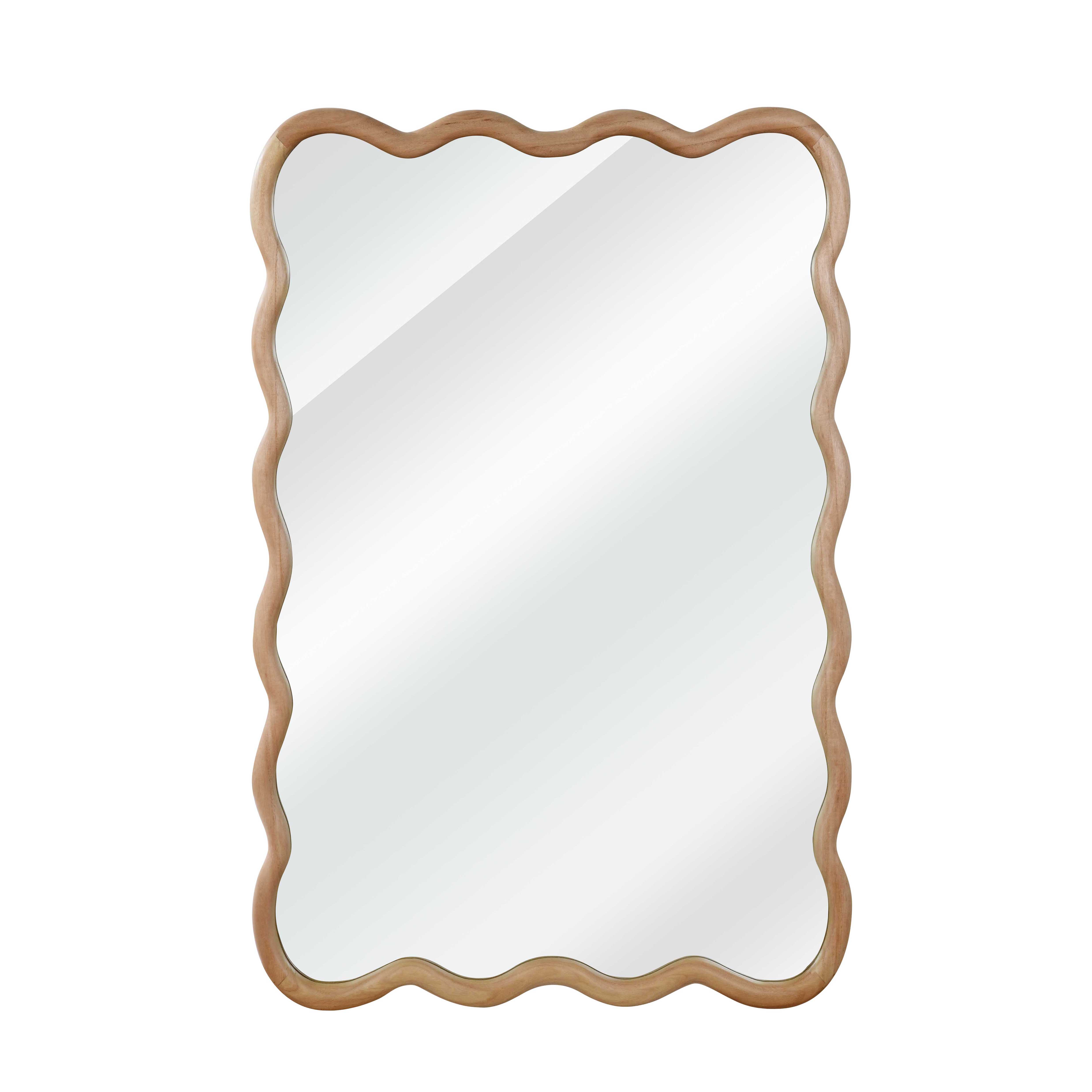 24 in. x 36 in. Wavy Rectangle Solid Wood Wall Mirror, Boho Decorative Tempered Glass Vanity Mirror for Bathroom, Bedroom & Entryway