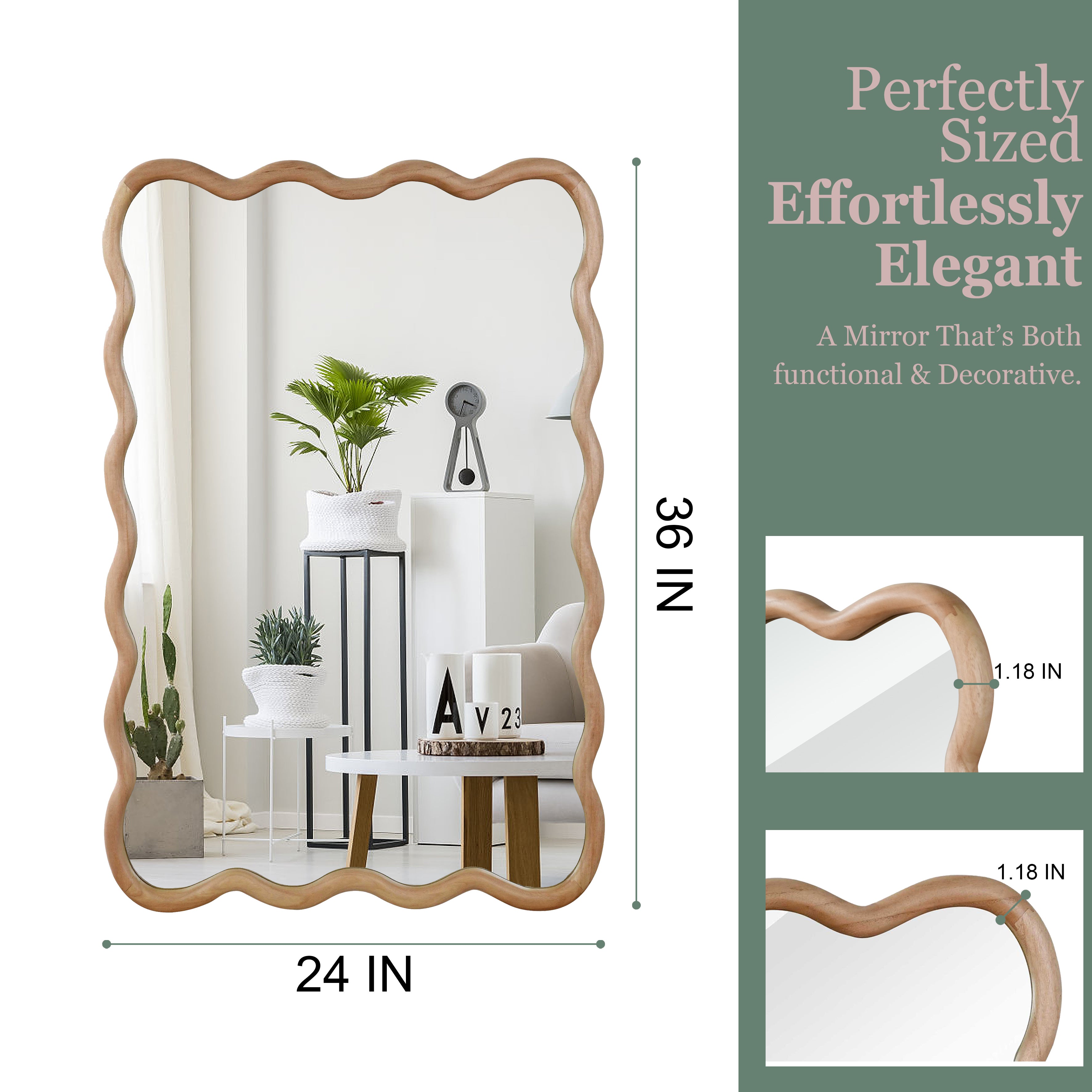 24 in. x 36 in. Wavy Rectangle Solid Wood Wall Mirror, Boho Decorative Tempered Glass Vanity Mirror for Bathroom, Bedroom & Entryway