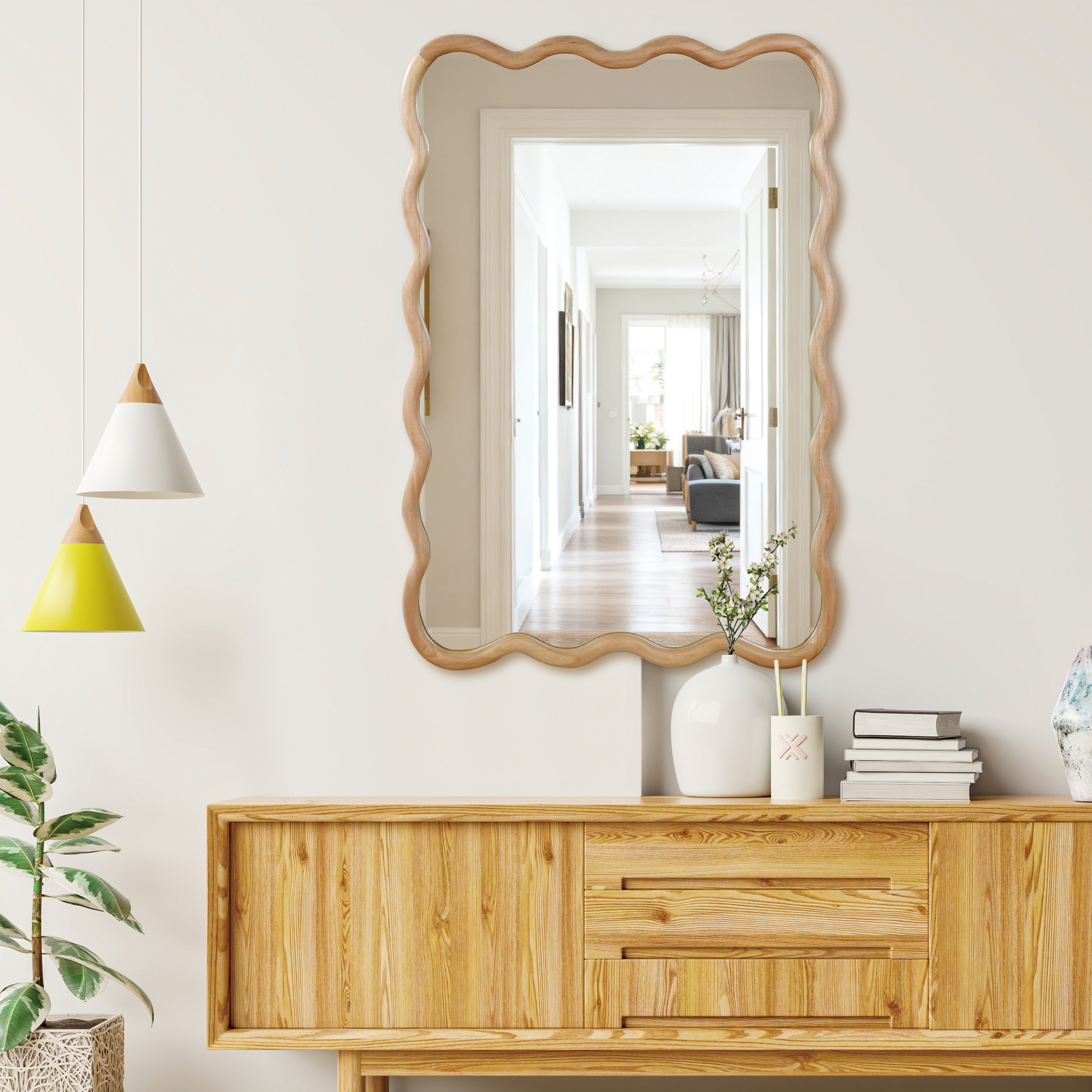 24 in. x 36 in. Wavy Rectangle Solid Wood Wall Mirror, Boho Decorative Tempered Glass Vanity Mirror for Bathroom, Bedroom & Entryway