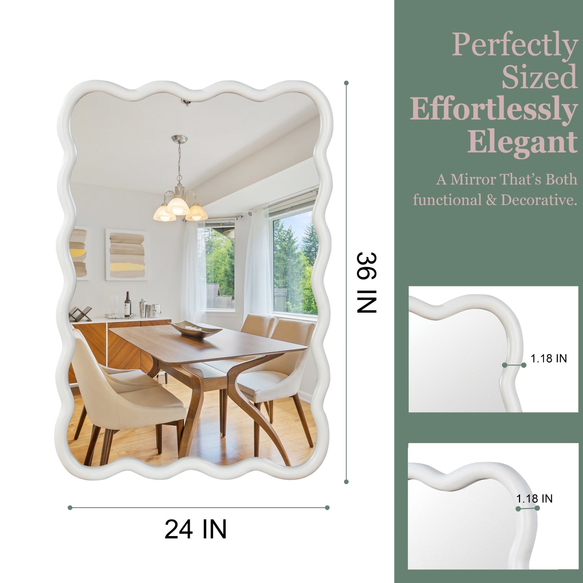 24 in. x 36 in. Wavy Rectangle Solid Wood Wall Mirror, Boho Decorative Tempered Glass Vanity Mirror for Bathroom, Bedroom & Entryway