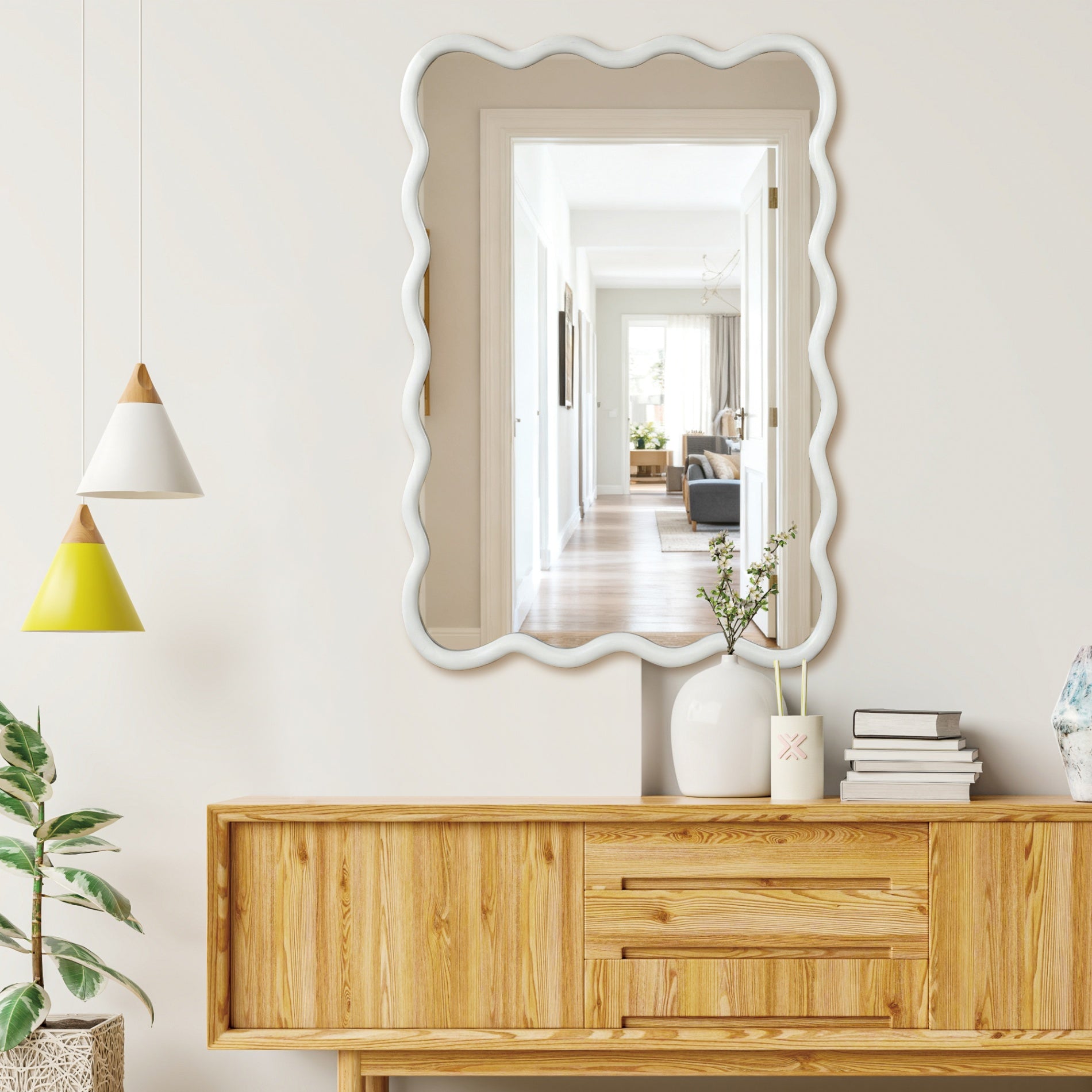 24 in. x 36 in. Wavy Rectangle Solid Wood Wall Mirror, Boho Decorative Tempered Glass Vanity Mirror for Bathroom, Bedroom & Entryway
