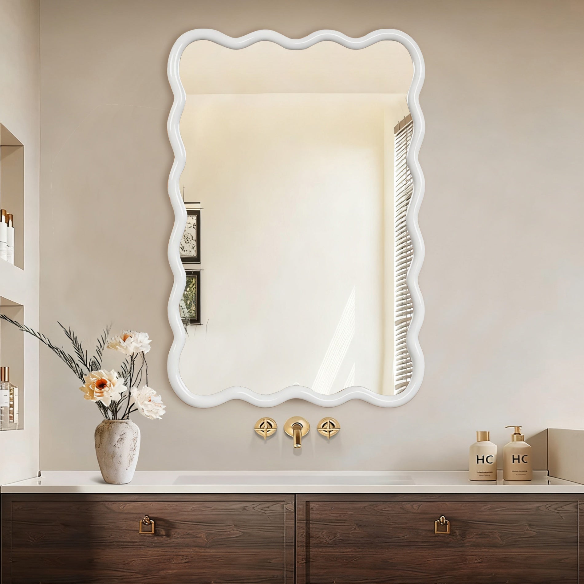 24 in. x 36 in. Wavy Rectangle Solid Wood Wall Mirror, Boho Decorative Tempered Glass Vanity Mirror for Bathroom, Bedroom & Entryway