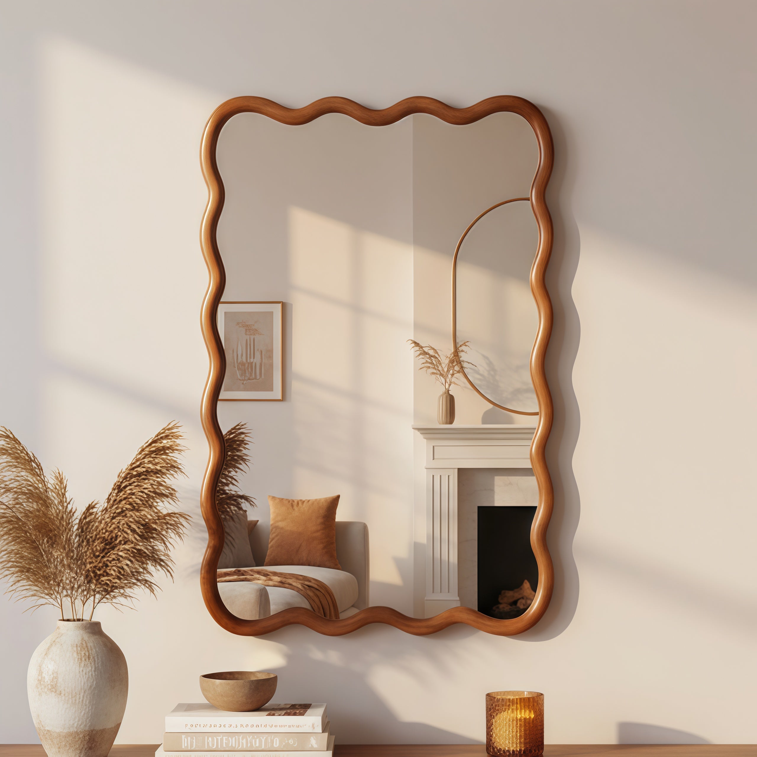 24 in. x 36 in. Wavy Rectangle Solid Wood Wall Mirror, Boho Decorative Tempered Glass Vanity Mirror for Bathroom, Bedroom & Entryway