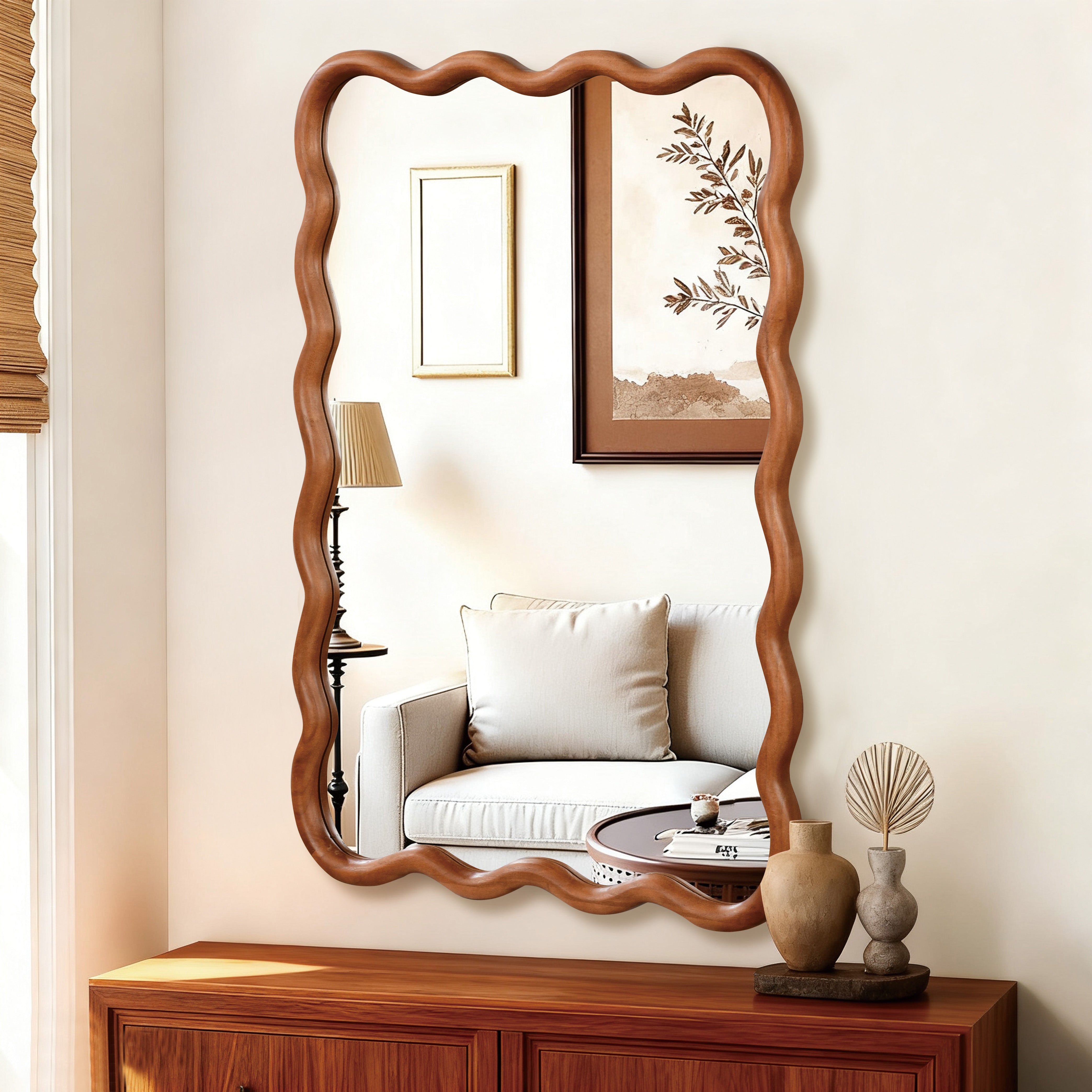 24 in. x 36 in. Wavy Rectangle Solid Wood Wall Mirror, Boho Decorative Tempered Glass Vanity Mirror for Bathroom, Bedroom & Entryway