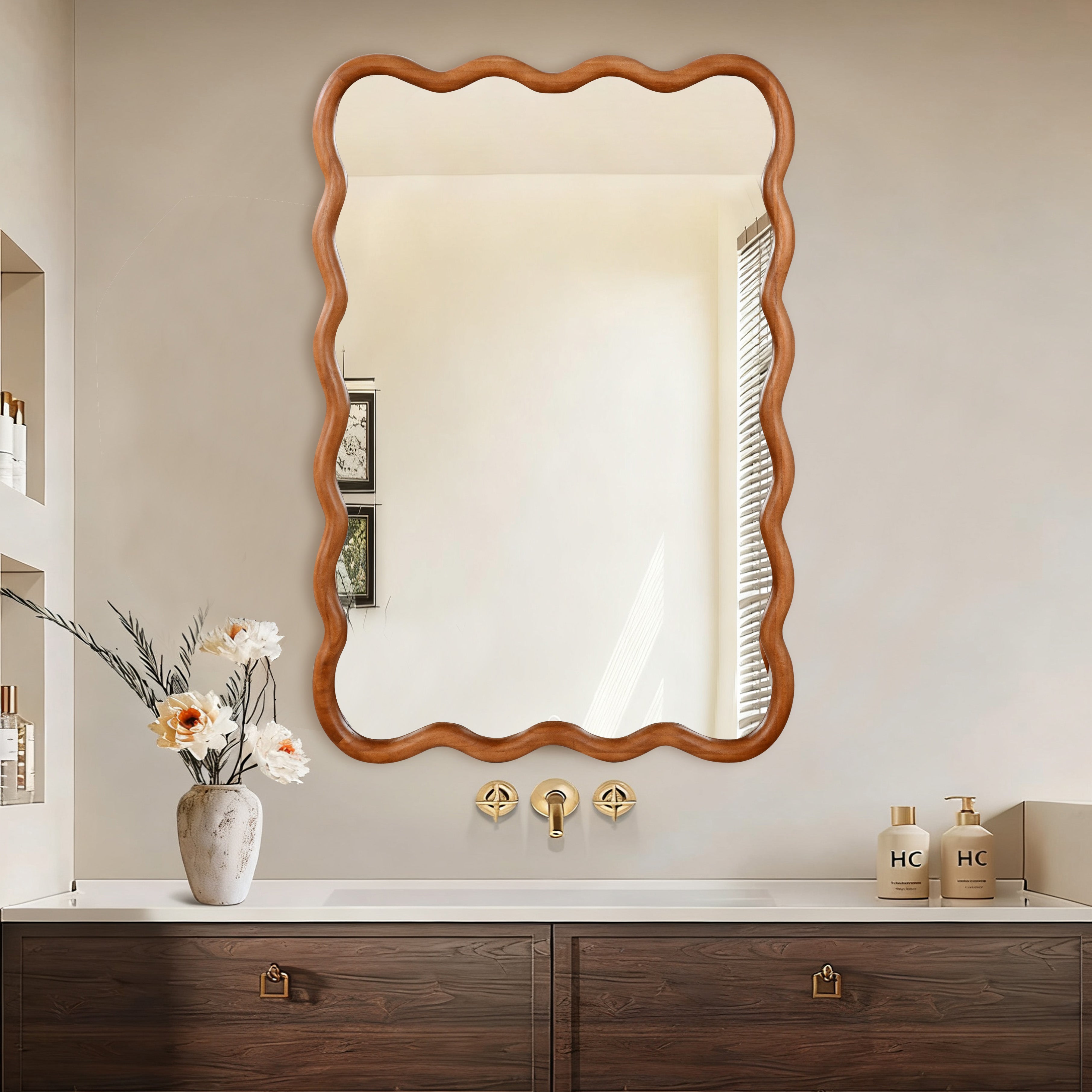 24 in. x 36 in. Wavy Rectangle Solid Wood Wall Mirror, Boho Decorative Tempered Glass Vanity Mirror for Bathroom, Bedroom & Entryway
