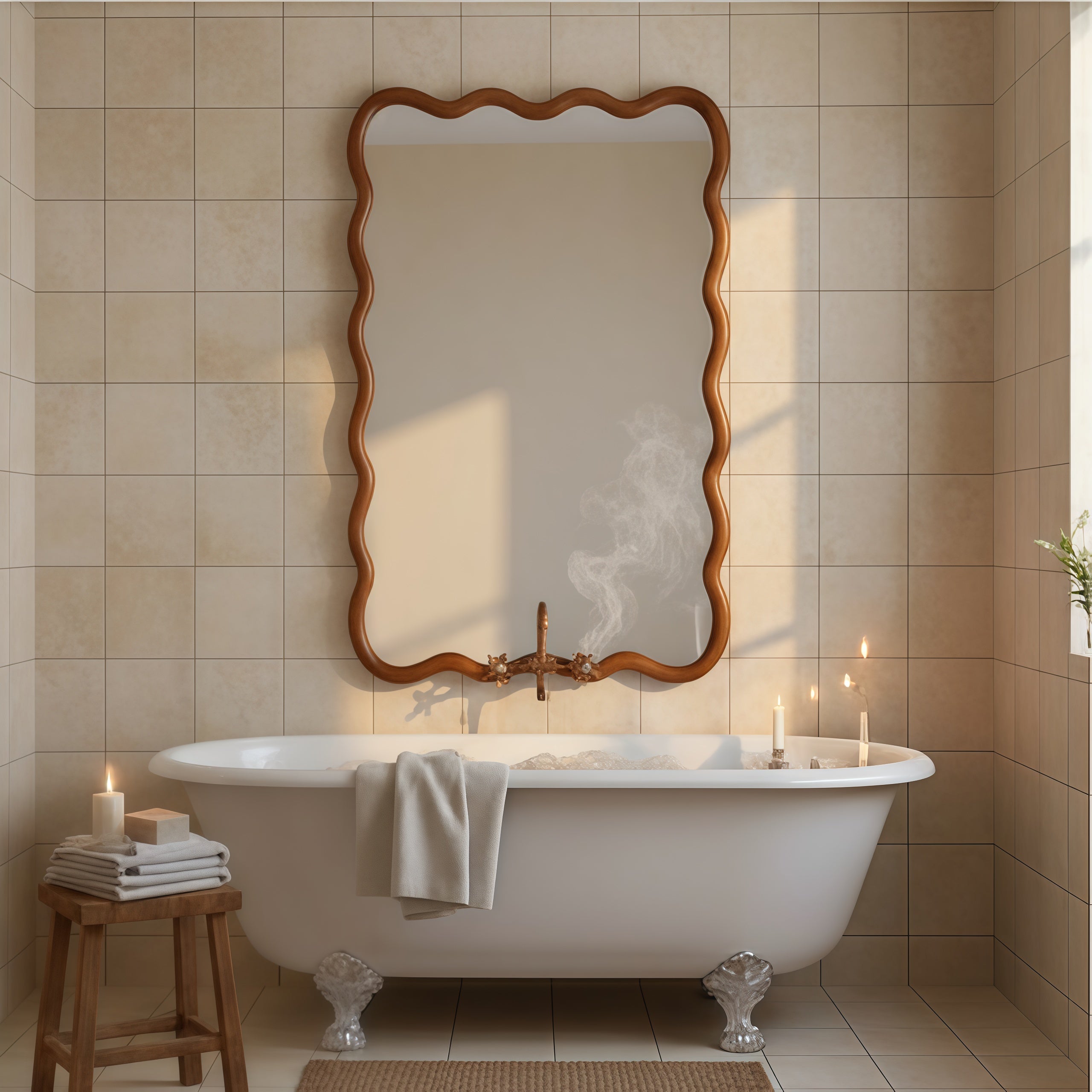 24 in. x 36 in. Wavy Rectangle Solid Wood Wall Mirror, Boho Decorative Tempered Glass Vanity Mirror for Bathroom, Bedroom & Entryway