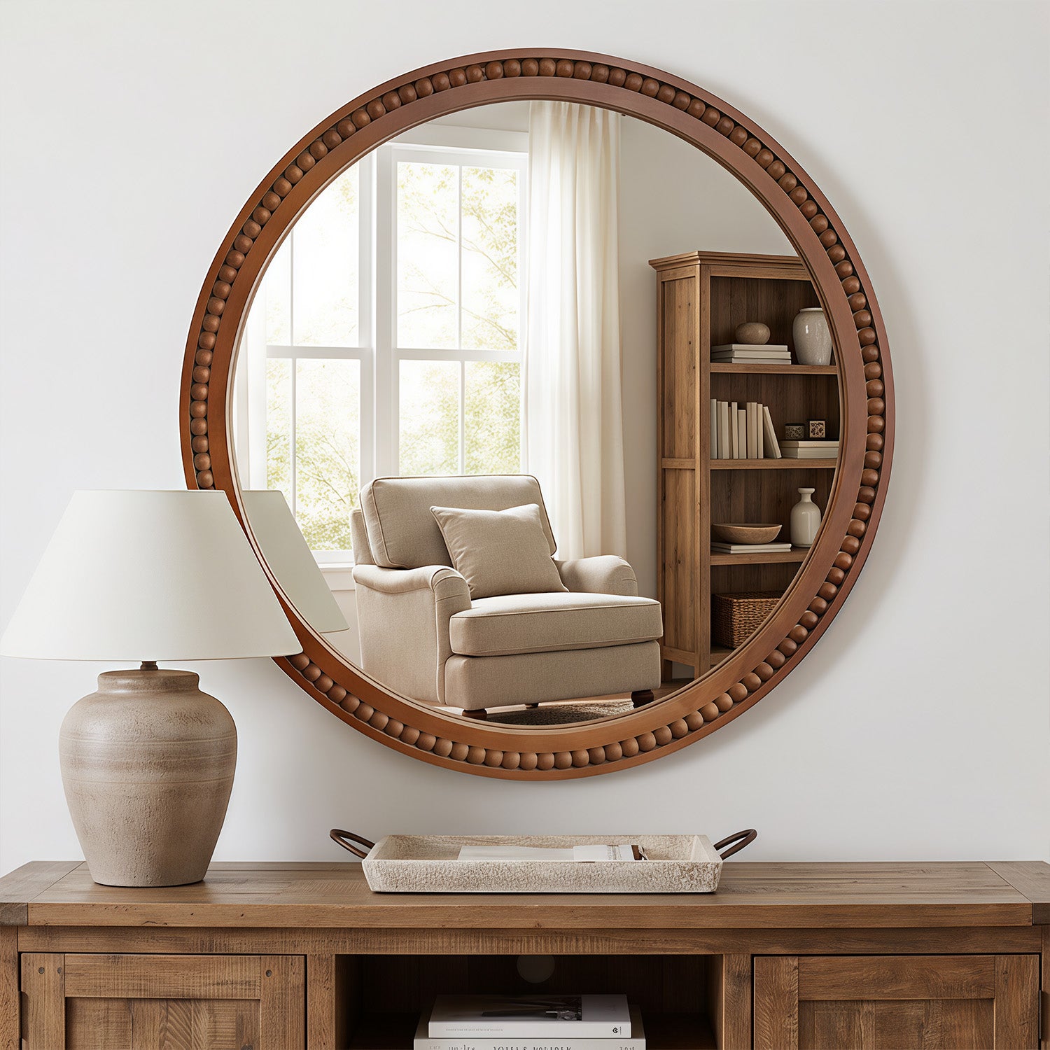 30×30 Inch Round Wall Mirror with Beaded Solid Wood Frame, Rustic Farmhouse Decor Mirror for Entryway, Bathroom & Living Room