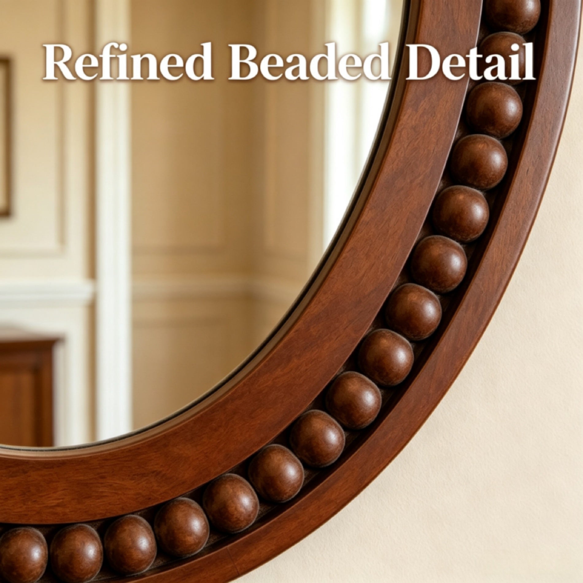30×30 Inch Round Wall Mirror with Beaded Solid Wood Frame, Rustic Farmhouse Decor Mirror for Entryway, Bathroom & Living Room