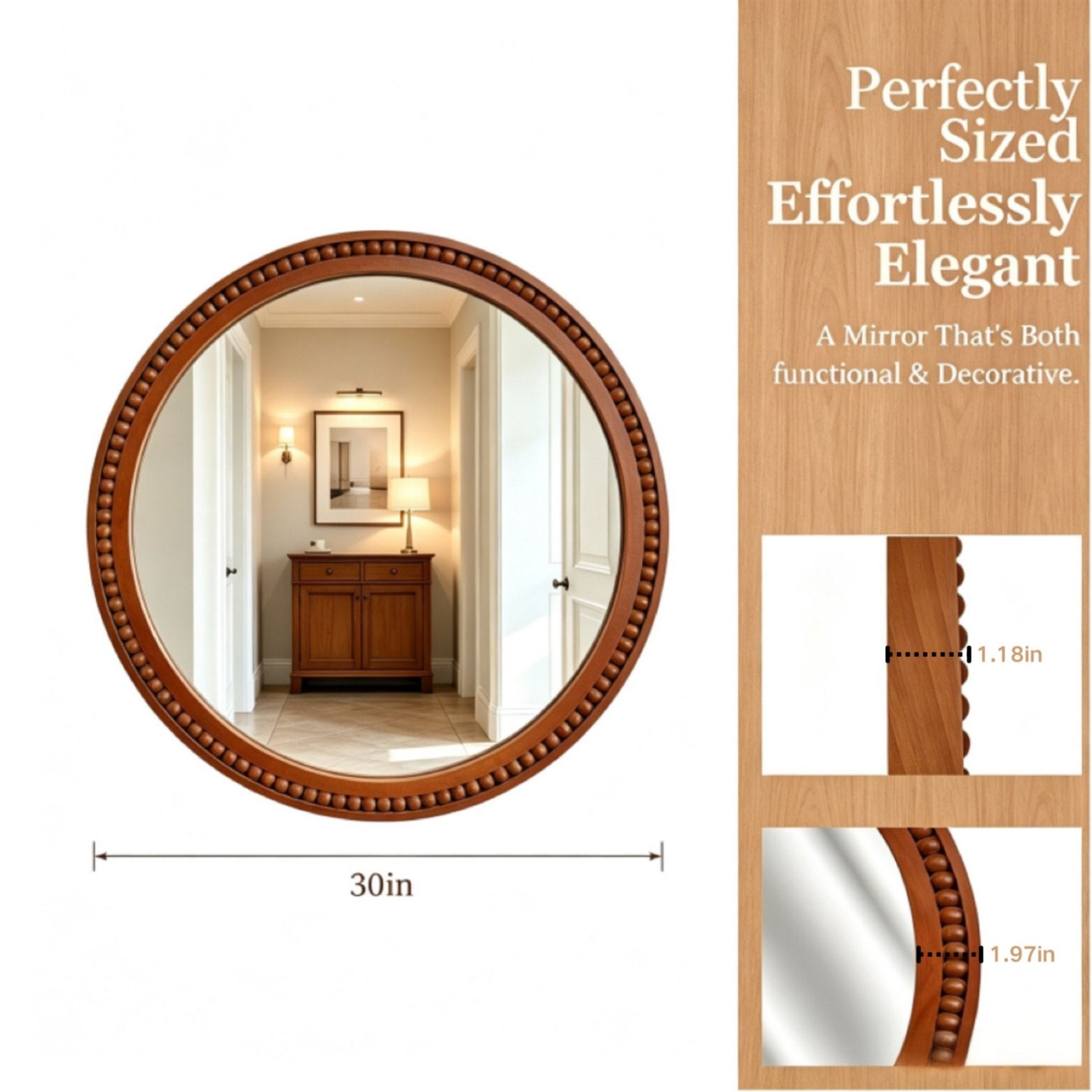 30×30 Inch Round Wall Mirror with Beaded Solid Wood Frame, Rustic Farmhouse Decor Mirror for Entryway, Bathroom & Living Room