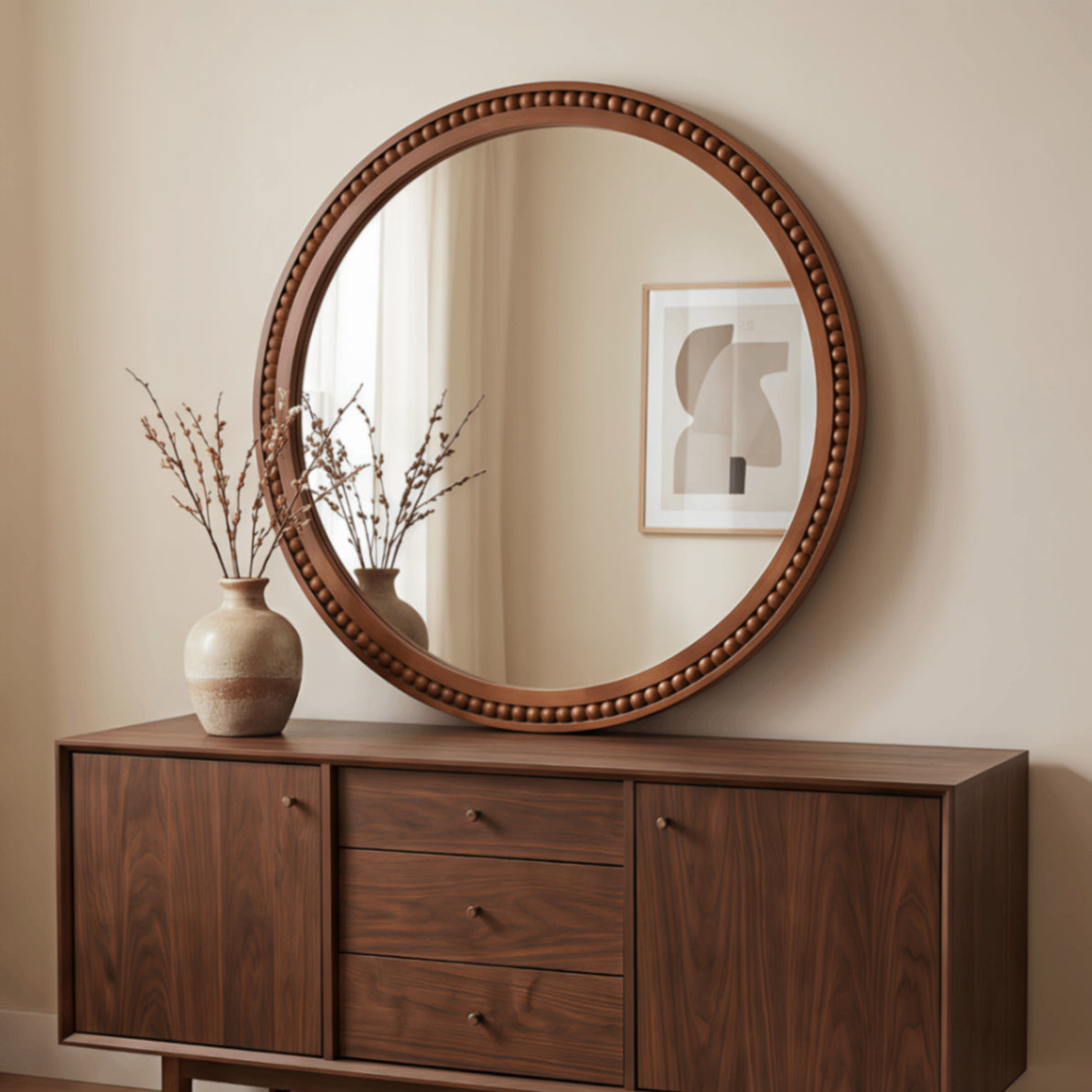 30×30 Inch Round Wall Mirror with Beaded Solid Wood Frame, Rustic Farmhouse Decor Mirror for Entryway, Bathroom & Living Room