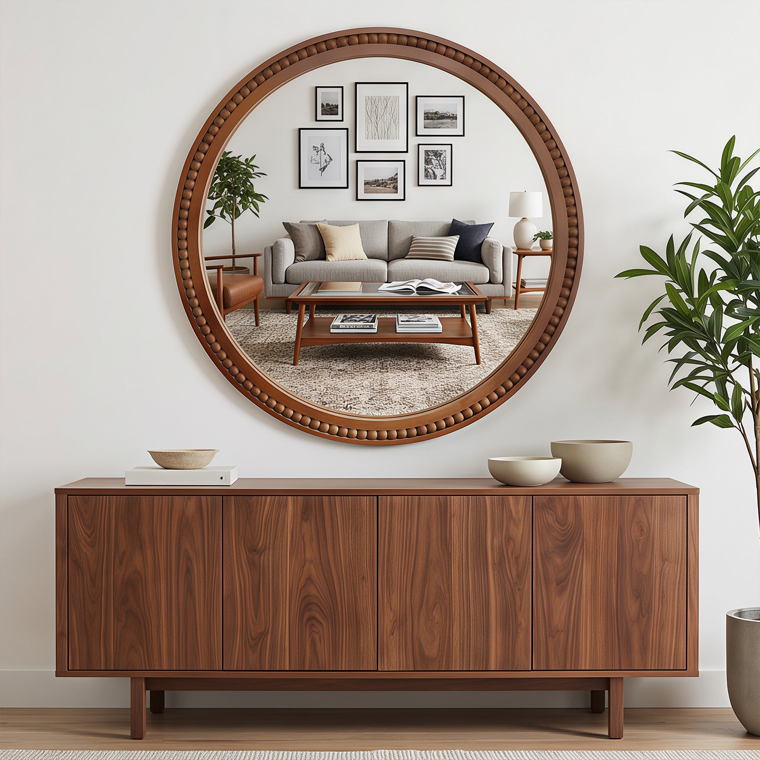 30×30 Inch Round Wall Mirror with Beaded Solid Wood Frame, Rustic Farmhouse Decor Mirror for Entryway, Bathroom & Living Room