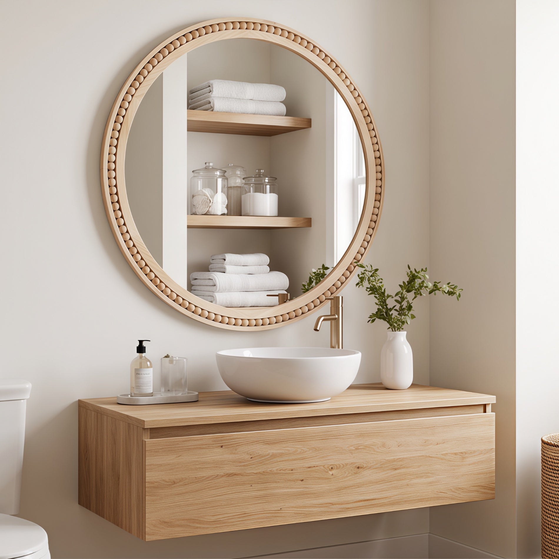 30×30 Inch Round Wall Mirror with Beaded Solid Wood Frame, Rustic Farmhouse Decor Mirror for Entryway, Bathroom & Living Room