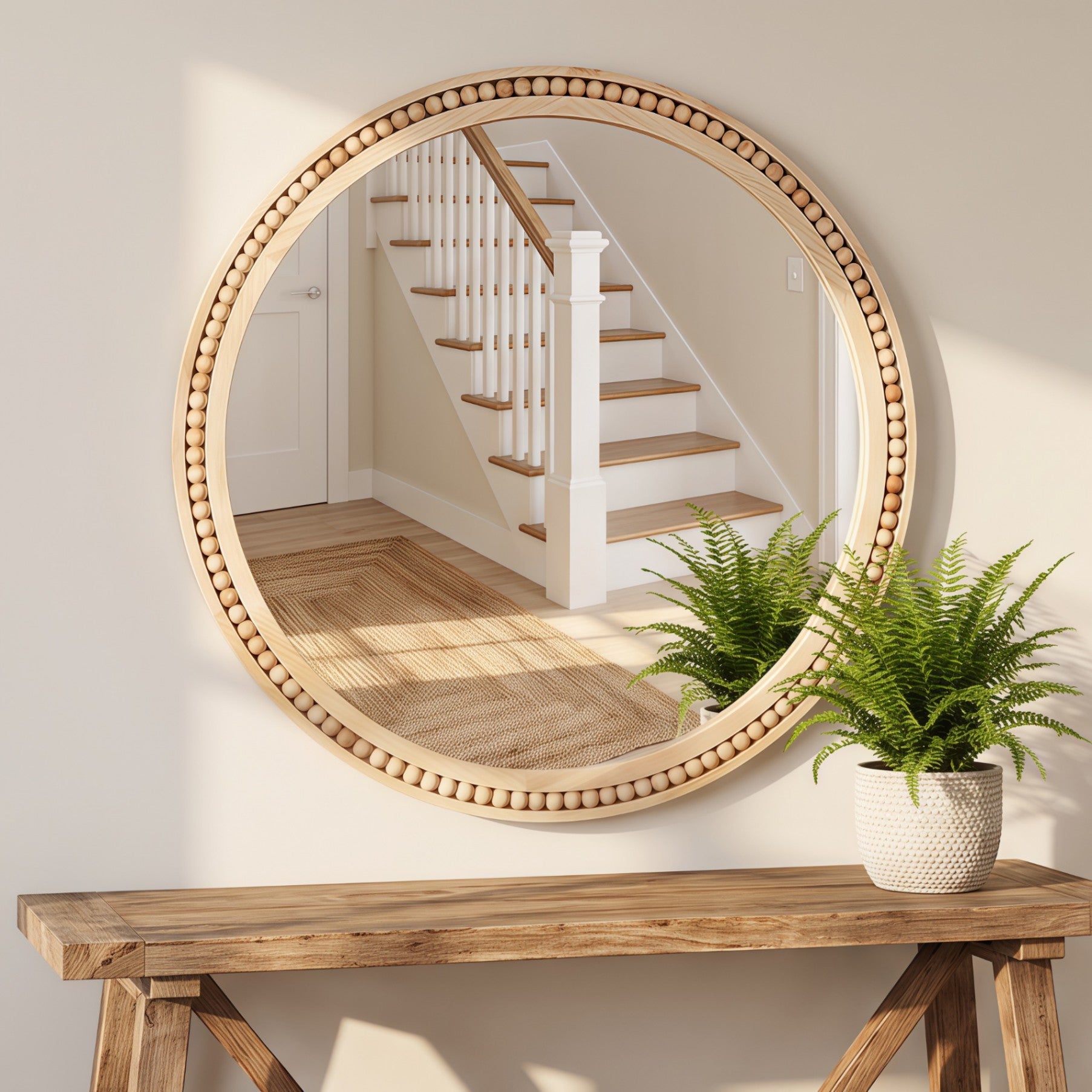 30×30 Inch Round Wall Mirror with Beaded Solid Wood Frame, Rustic Farmhouse Decor Mirror for Entryway, Bathroom & Living Room