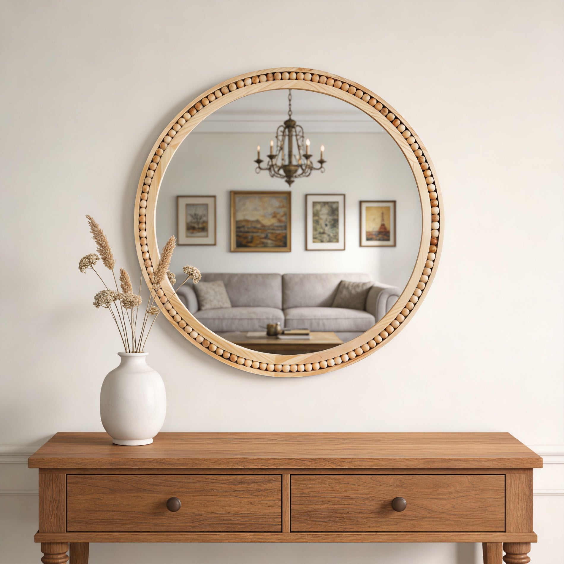 30×30 Inch Round Wall Mirror with Beaded Solid Wood Frame, Rustic Farmhouse Decor Mirror for Entryway, Bathroom & Living Room