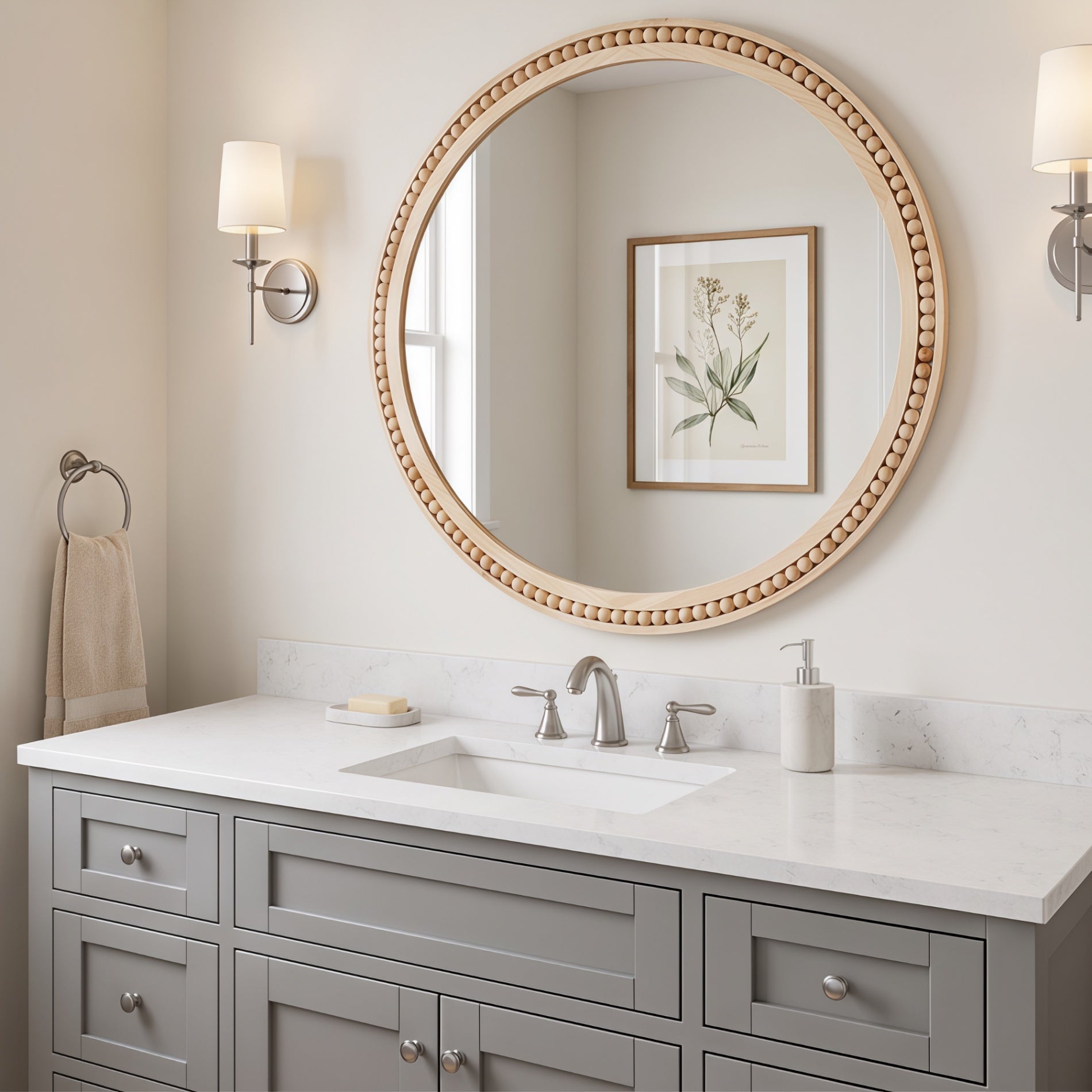 30×30 Inch Round Wall Mirror with Beaded Solid Wood Frame, Rustic Farmhouse Decor Mirror for Entryway, Bathroom & Living Room