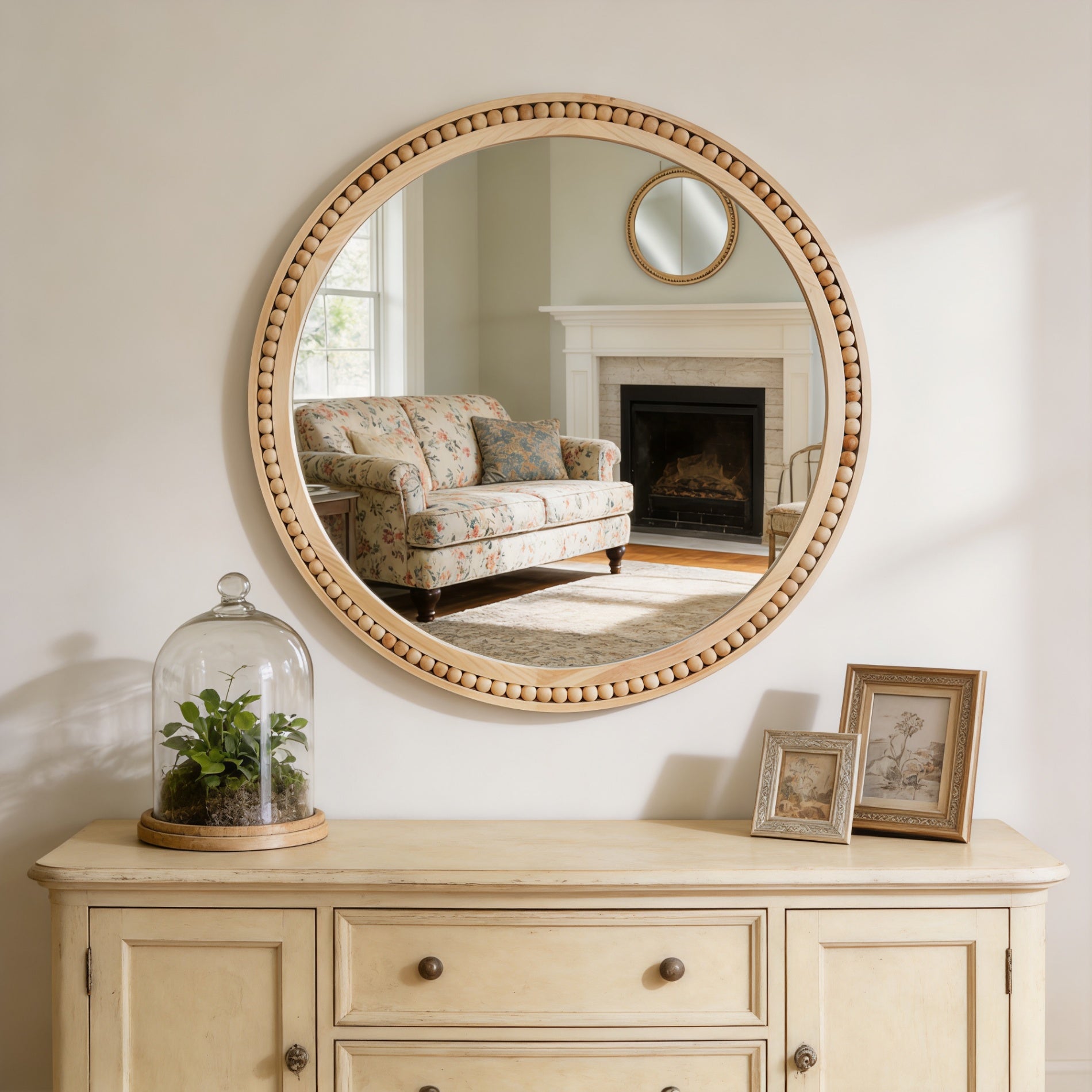 30×30 Inch Round Wall Mirror with Beaded Solid Wood Frame, Rustic Farmhouse Decor Mirror for Entryway, Bathroom & Living Room