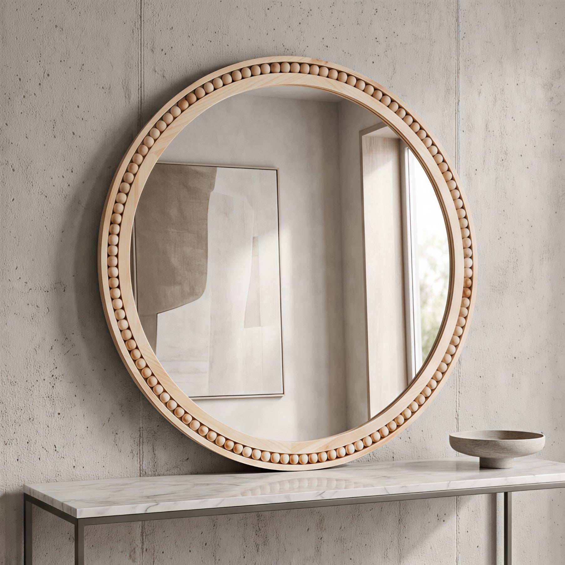 30×30 Inch Round Wall Mirror with Beaded Solid Wood Frame, Rustic Farmhouse Decor Mirror for Entryway, Bathroom & Living Room