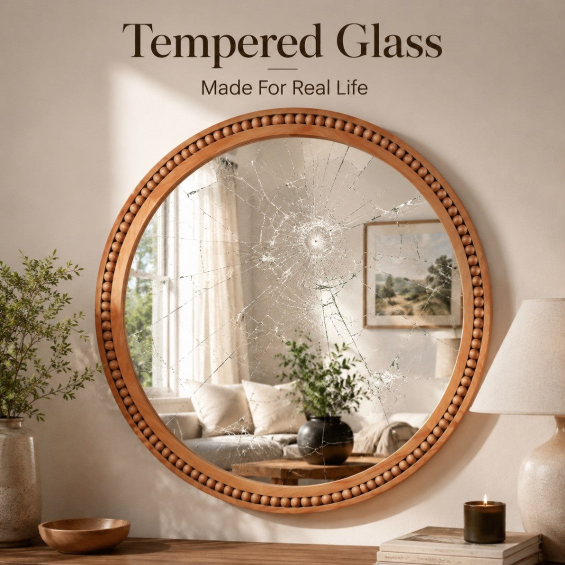 30×30 Inch Round Wall Mirror with Beaded Solid Wood Frame, Rustic Farmhouse Decor Mirror for Entryway, Bathroom & Living Room