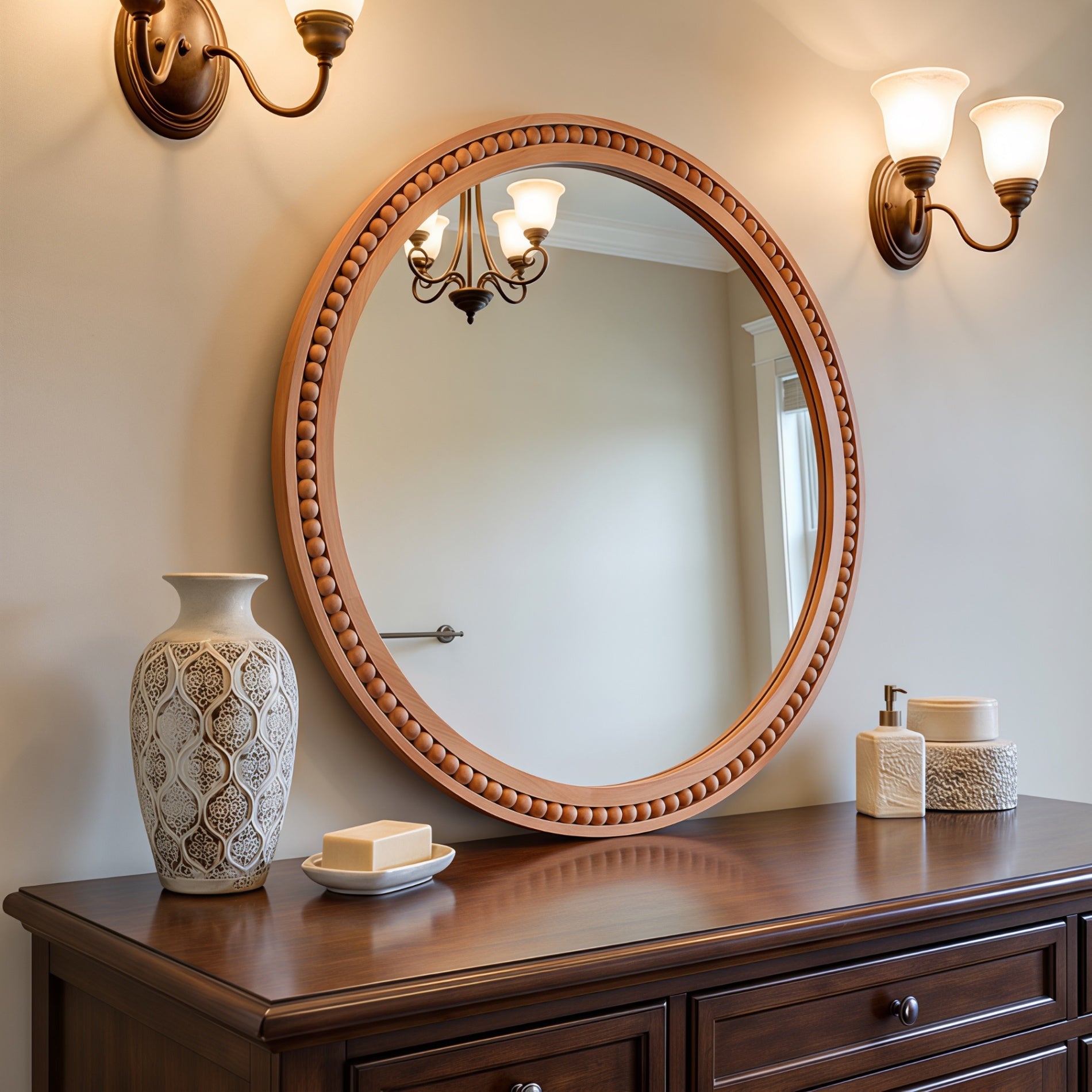 30×30 Inch Round Wall Mirror with Beaded Solid Wood Frame, Rustic Farmhouse Decor Mirror for Entryway, Bathroom & Living Room