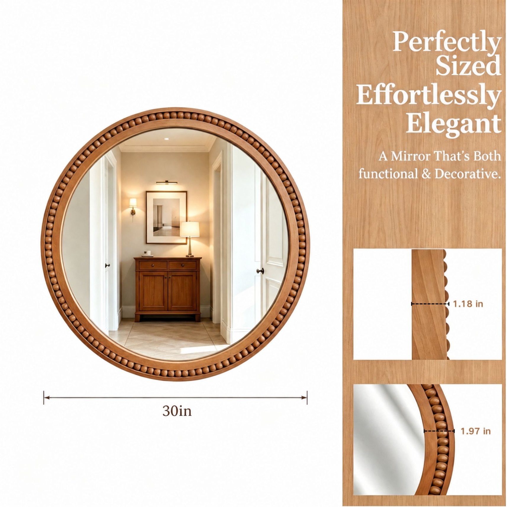30×30 Inch Round Wall Mirror with Beaded Solid Wood Frame, Rustic Farmhouse Decor Mirror for Entryway, Bathroom & Living Room