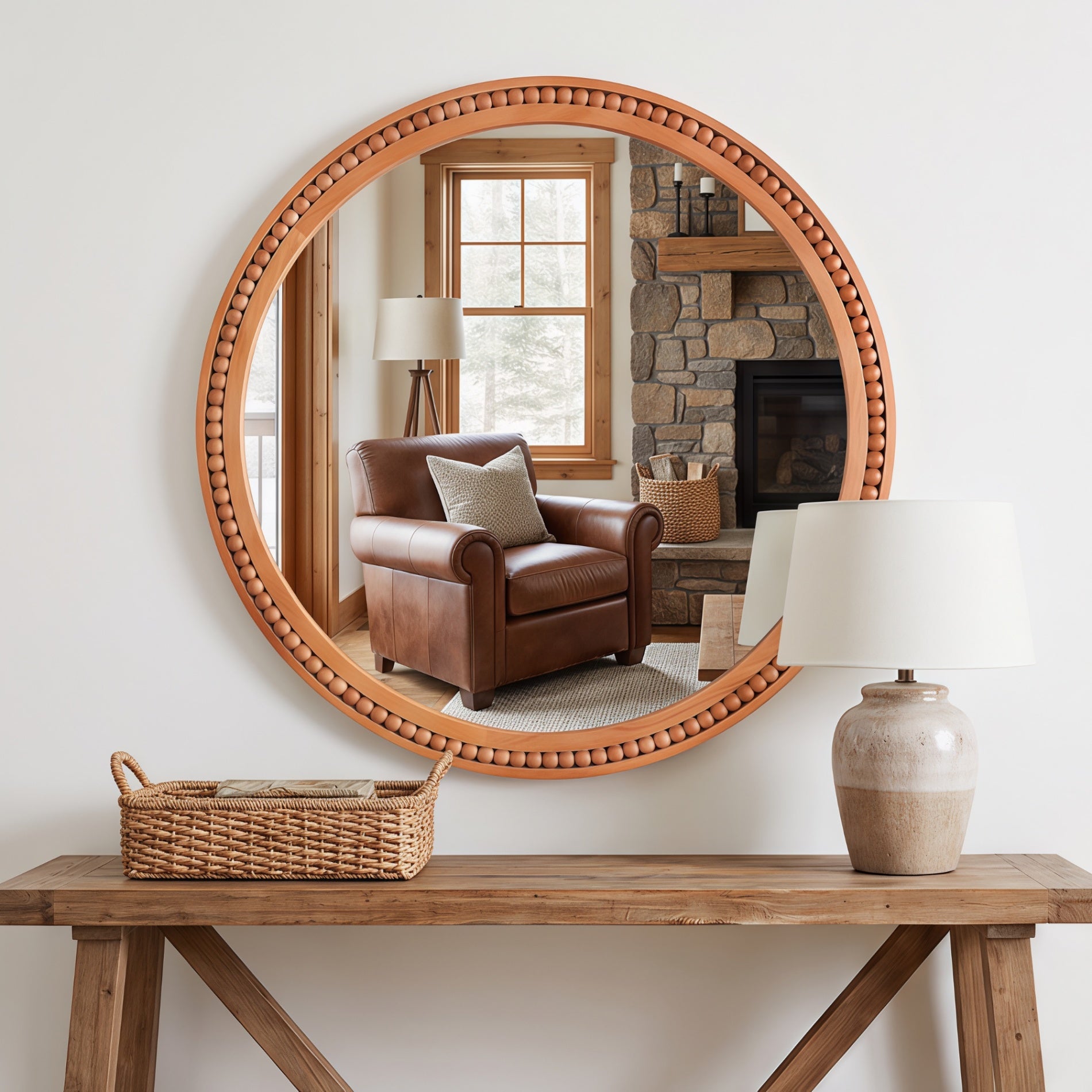 30×30 Inch Round Wall Mirror with Beaded Solid Wood Frame, Rustic Farmhouse Decor Mirror for Entryway, Bathroom & Living Room