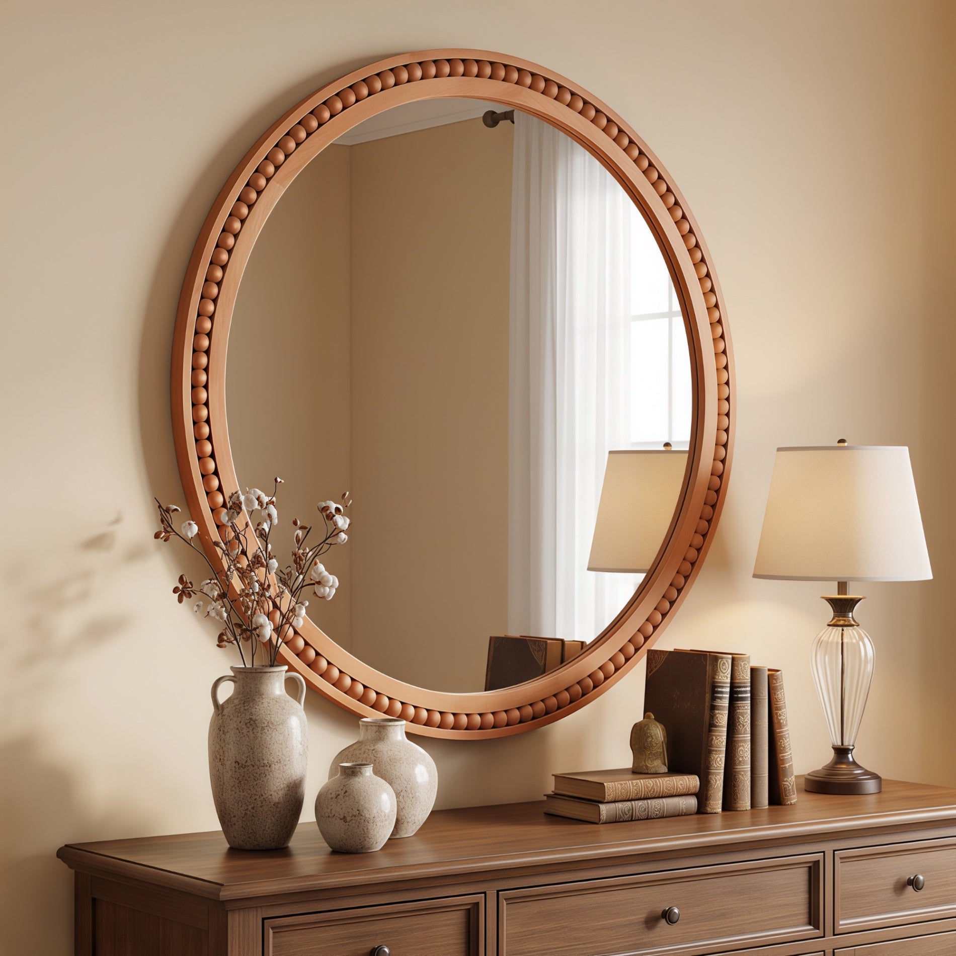 30×30 Inch Round Wall Mirror with Beaded Solid Wood Frame, Rustic Farmhouse Decor Mirror for Entryway, Bathroom & Living Room