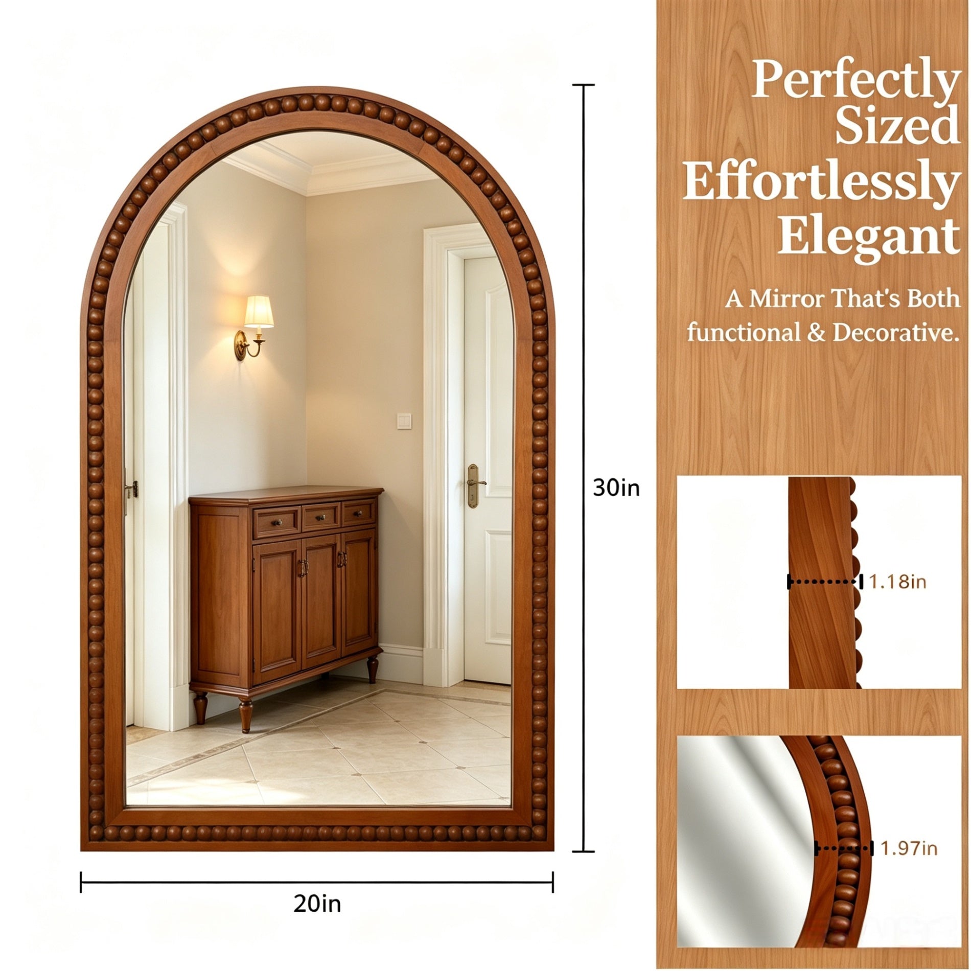 20×30 Inch Arch Wall Mirror With Beaded Solid Wood Frame, Rustic Farmhouse Decor Mirror for Entryway, Bathroom & Living Room