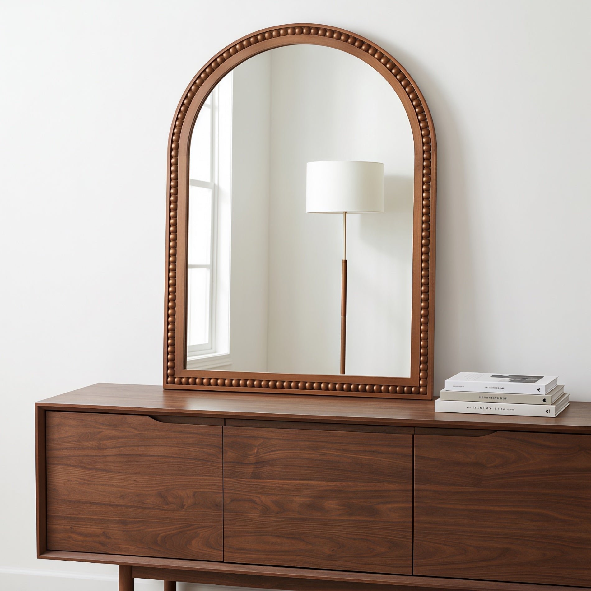 20×30 Inch Arch Wall Mirror With Beaded Solid Wood Frame, Rustic Farmhouse Decor Mirror for Entryway, Bathroom & Living Room
