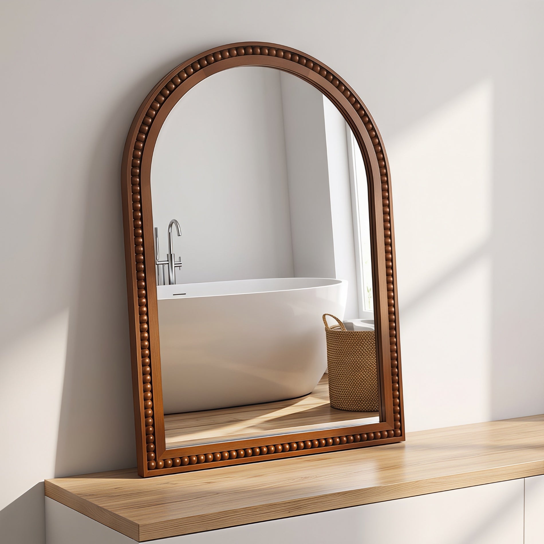 20×30 Inch Arch Wall Mirror With Beaded Solid Wood Frame, Rustic Farmhouse Decor Mirror for Entryway, Bathroom & Living Room